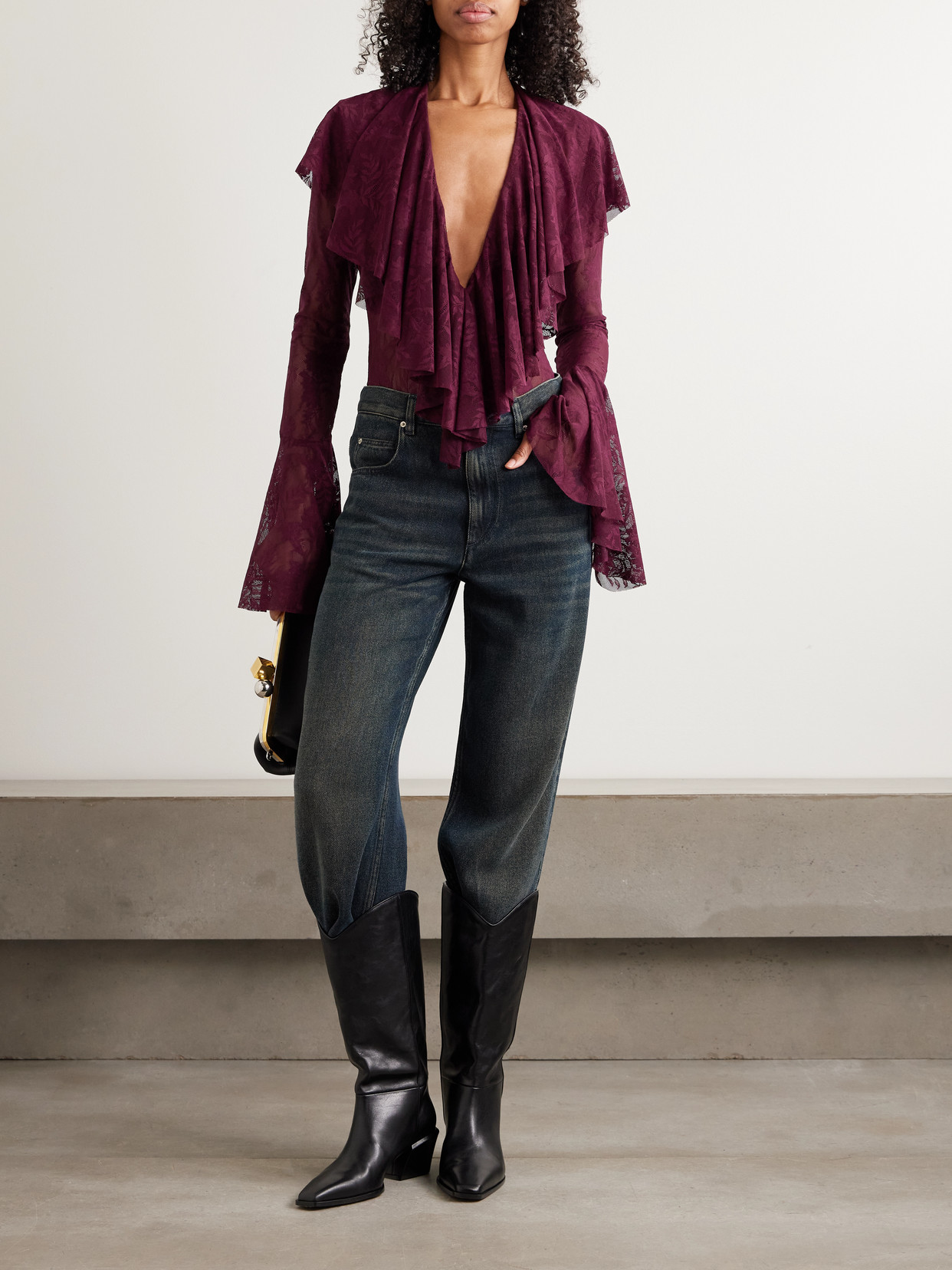 Norma Kamali Ruffled Stretch-lace Bodysuit In Brown