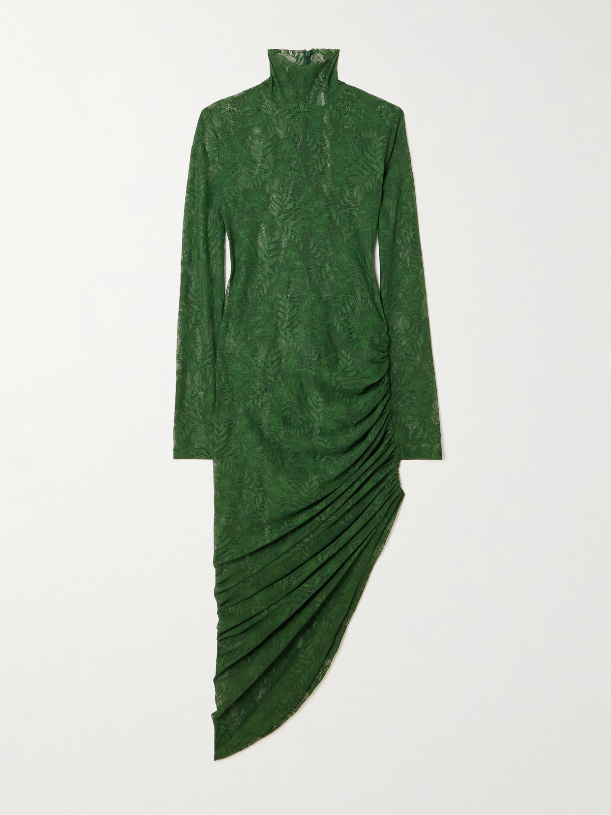 Norma Kamali Asymmetric Ruched Stretch-lace Turtleneck Dress In Green