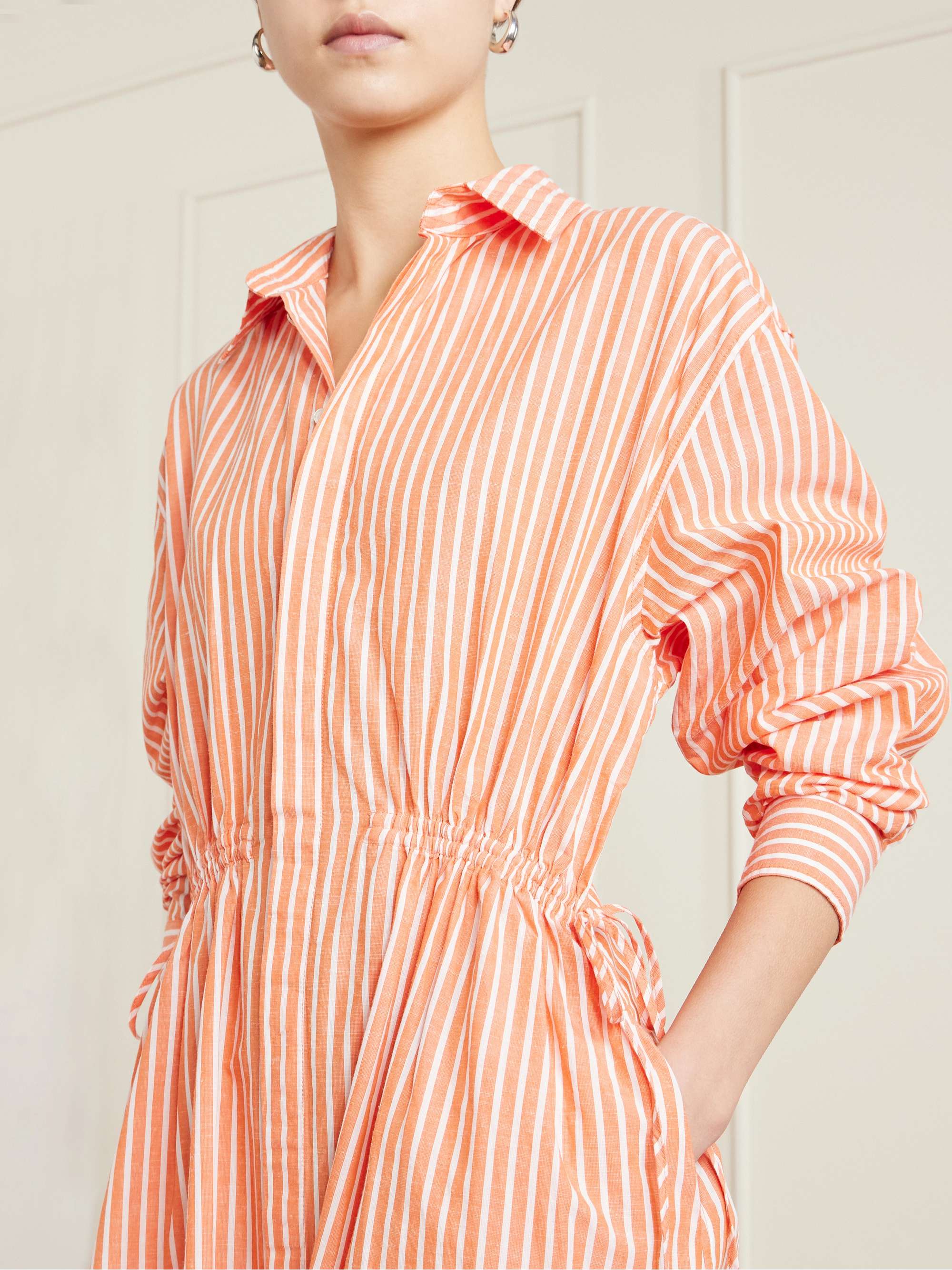 POLO RALPH LAUREN Ruched embroidered striped cotton and linen-blend maxi  dress | NET-A-PORTER