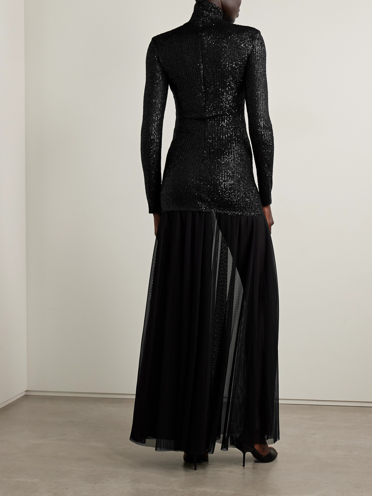 Norma Kamali Sequin-embellished Stretch-tulle Turtleneck Gown In Black