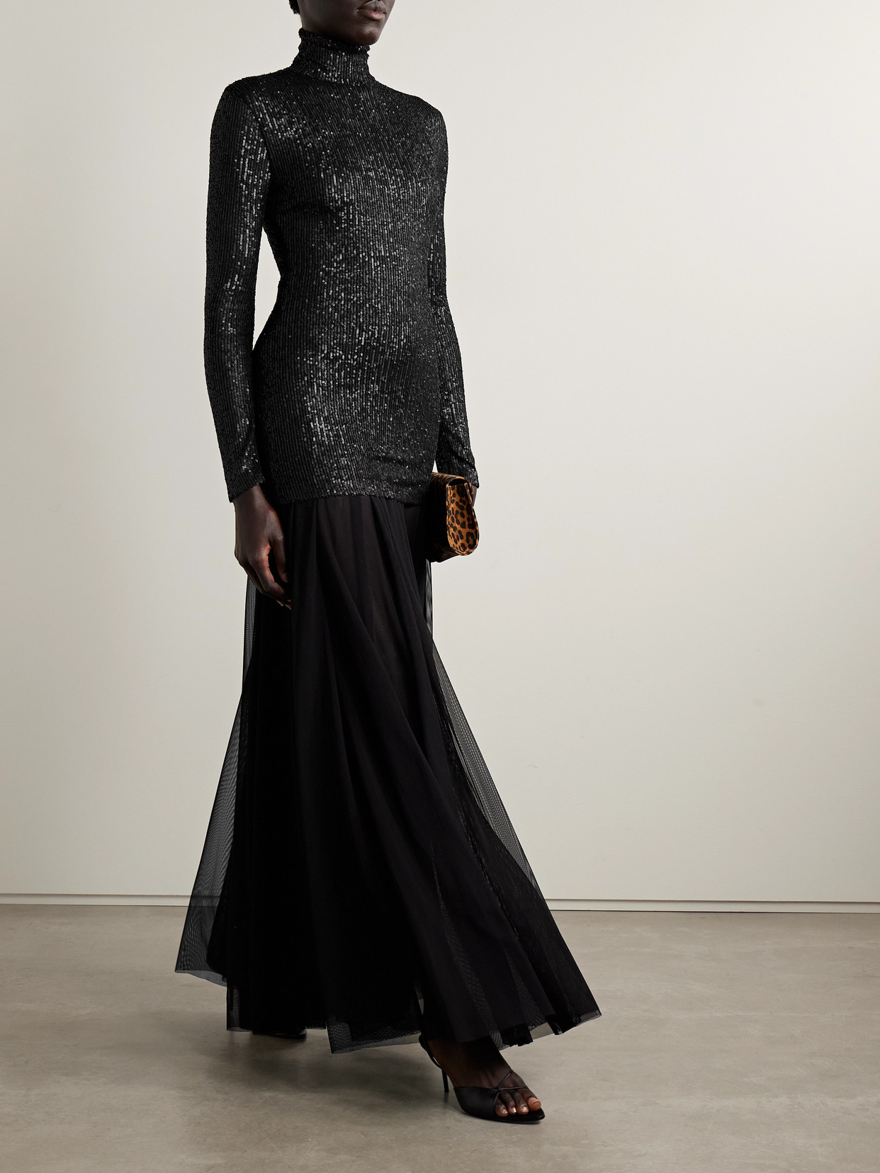 Norma Kamali Sequin-embellished Stretch-tulle Turtleneck Gown In Black