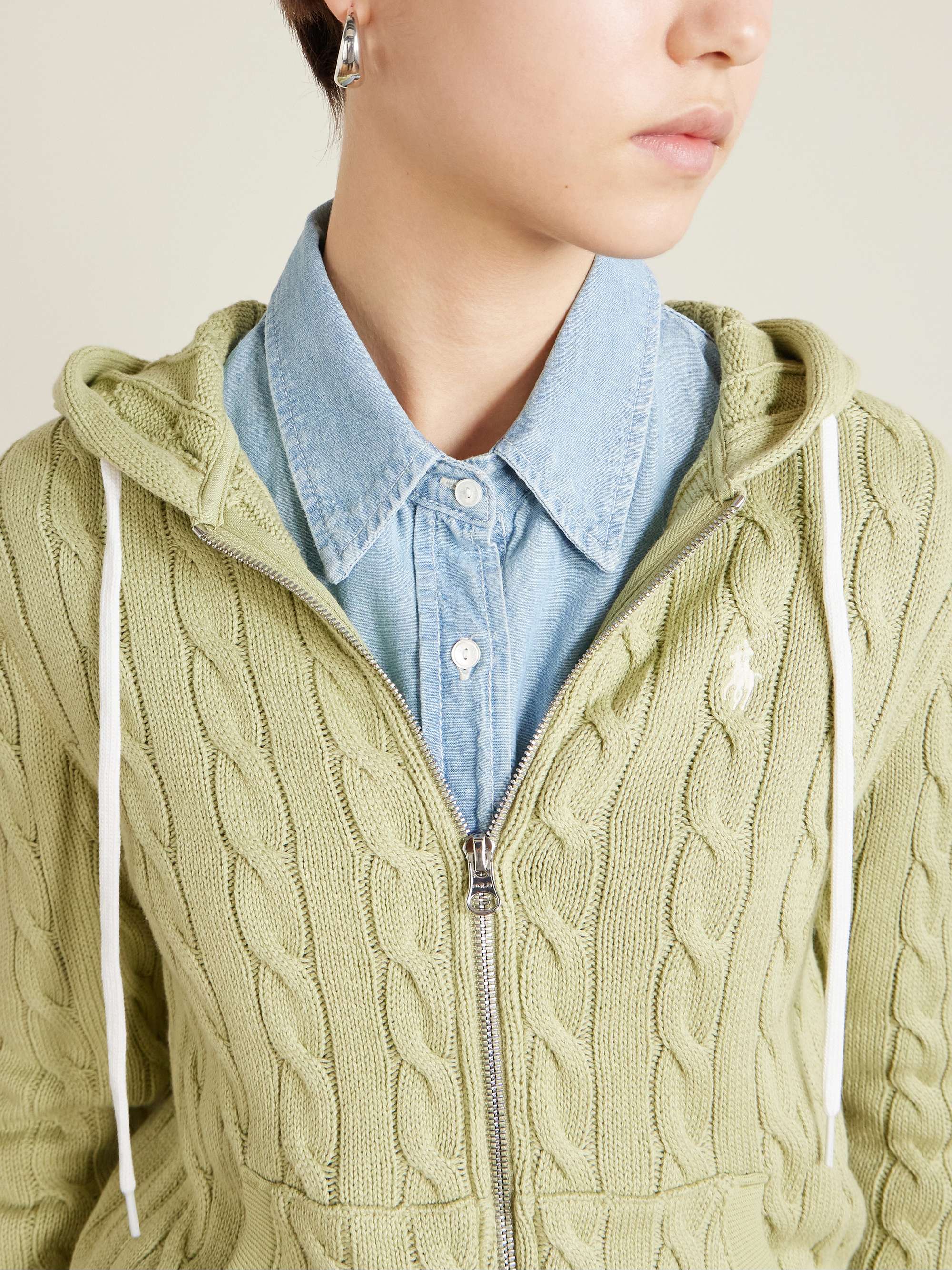 POLO RALPH LAUREN Embroidered cable-knit cotton zip-up hoodie