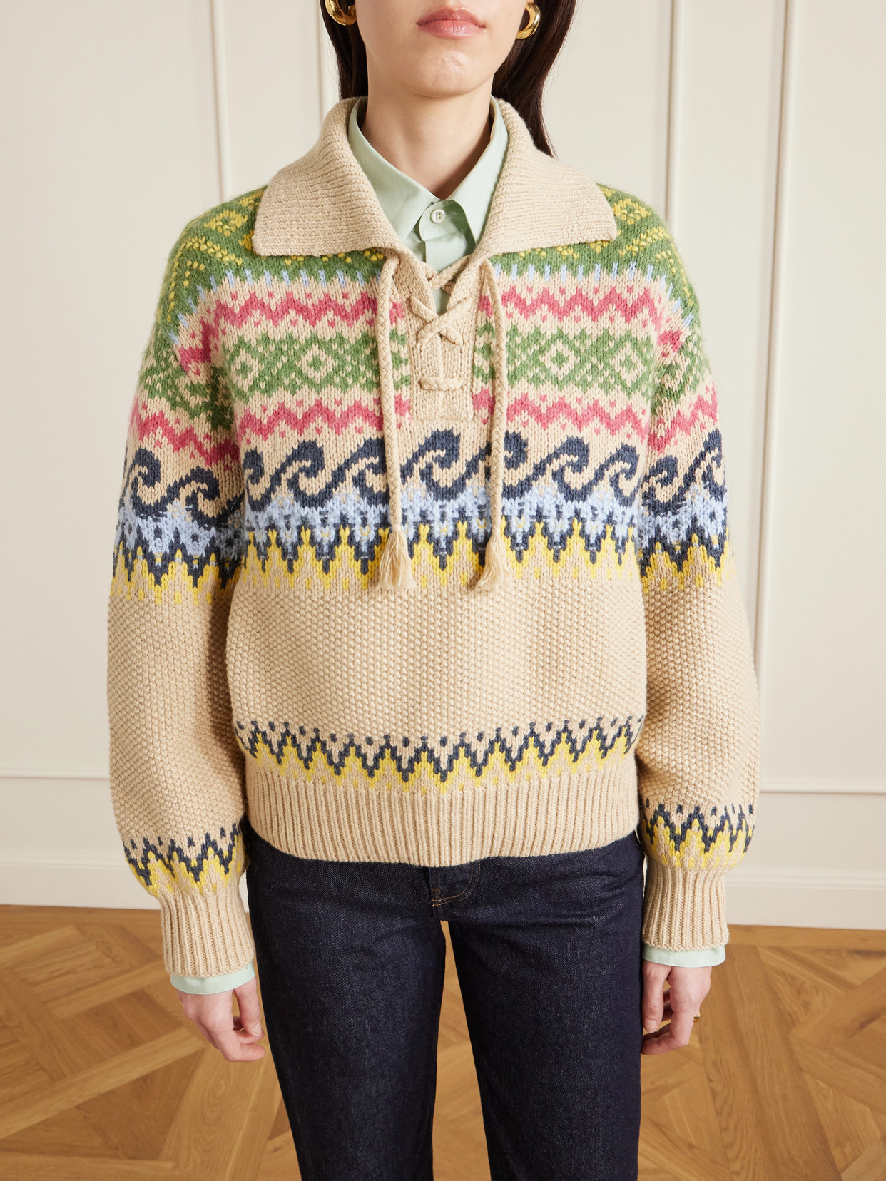 Polo Ralph Lauren Cotton Wool Blend Long Sleeve Tie Pullover Tan Multi In Neutral