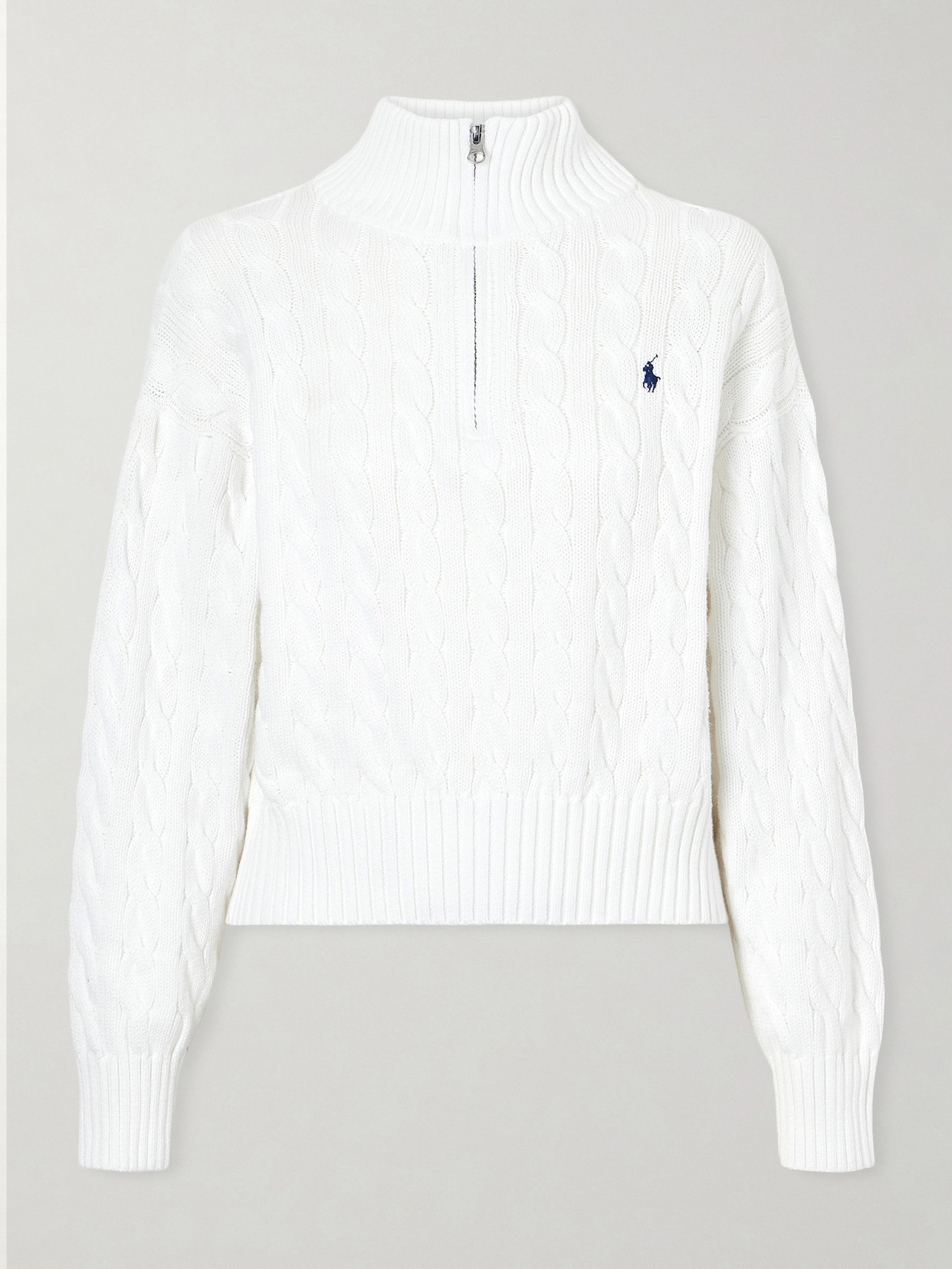 Polo Ralph Lauren Embroidered Cable-knit Cotton Half-zip Sweater In White