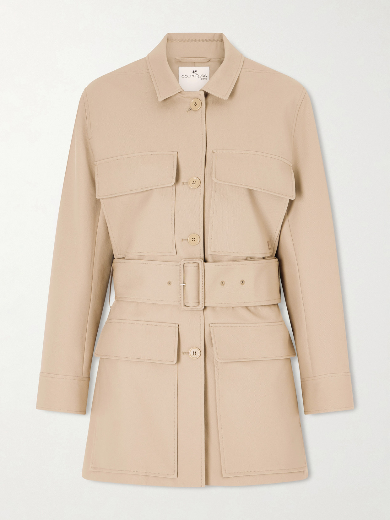 Courrèges Belted Cotton-gabardine Coat In Neutral
