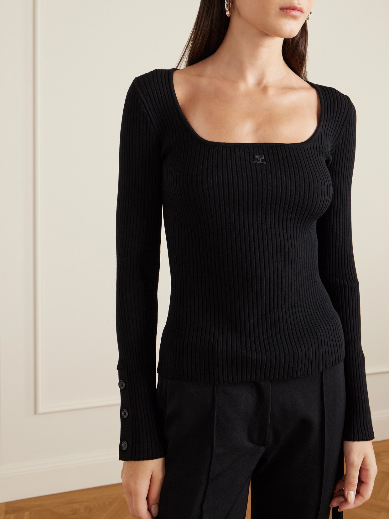 Embroidered Ribbed-Knit Top