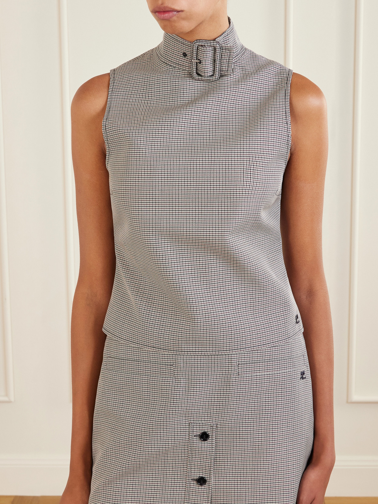 Buckled Houndstooth Wool-Blend Tank