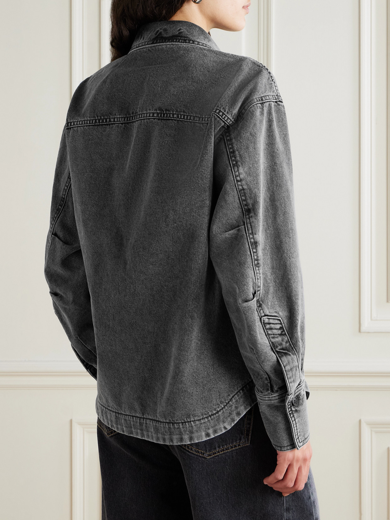 Attico Eliza Asymmetric Embroidered Denim Shirt In Black