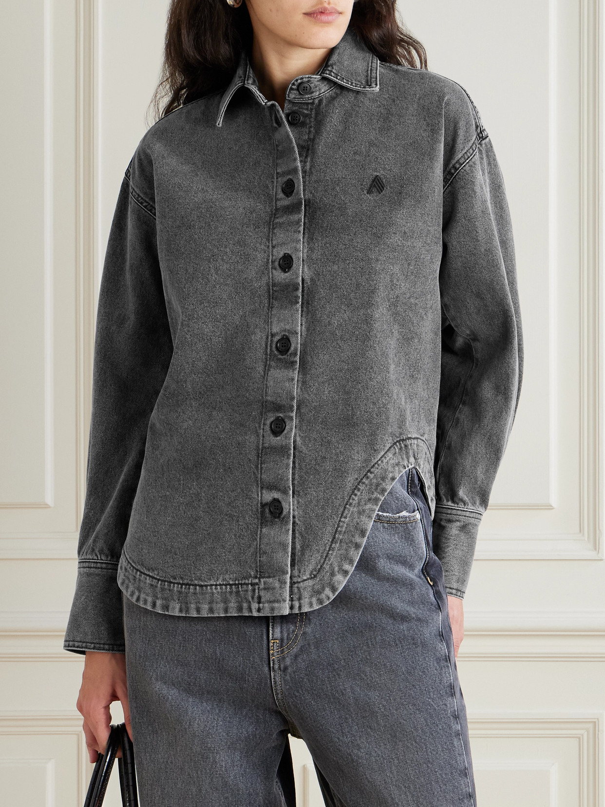 Attico Eliza Asymmetric Embroidered Denim Shirt In Black