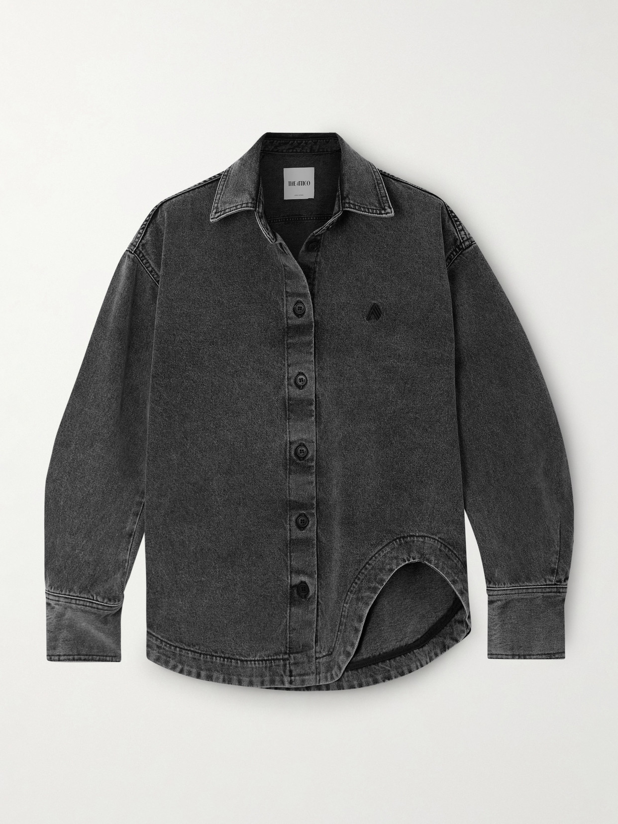 Attico Eliza Asymmetric Embroidered Denim Shirt In Black
