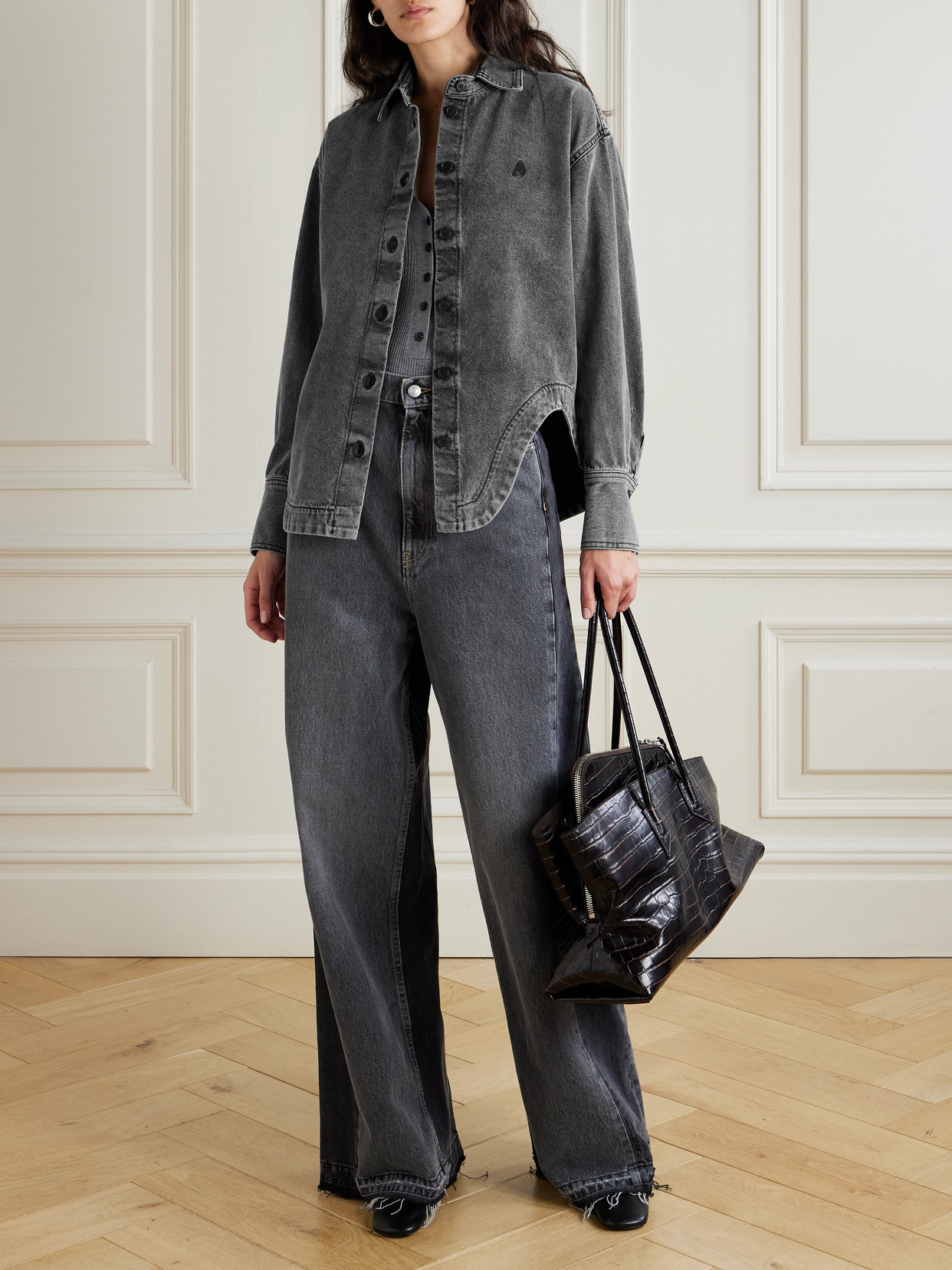 Attico Eliza Asymmetric Embroidered Denim Shirt In Black