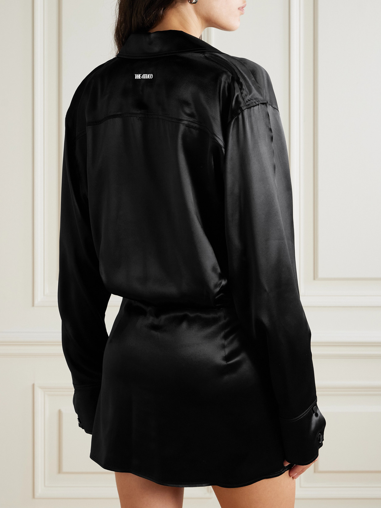 Attico Asymmetric Satin Mini Dress In Black