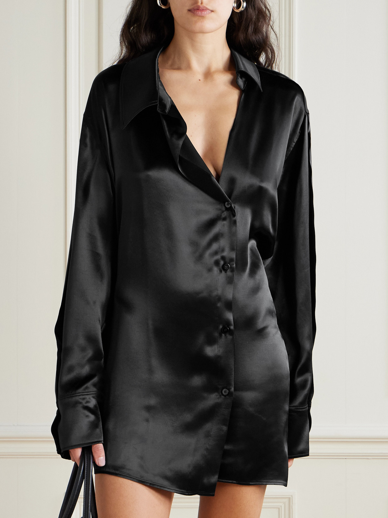 Attico Asymmetric Satin Mini Dress In Black