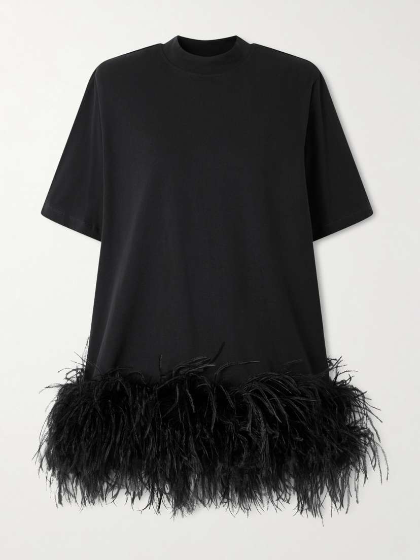 The Attico Feather-trimmed Cotton-jersey Mini Dress