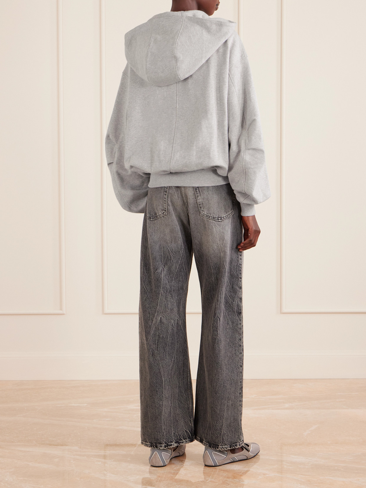 Attico Embroidered Cotton-blend Jersey Zip-up Hoodie In Gray