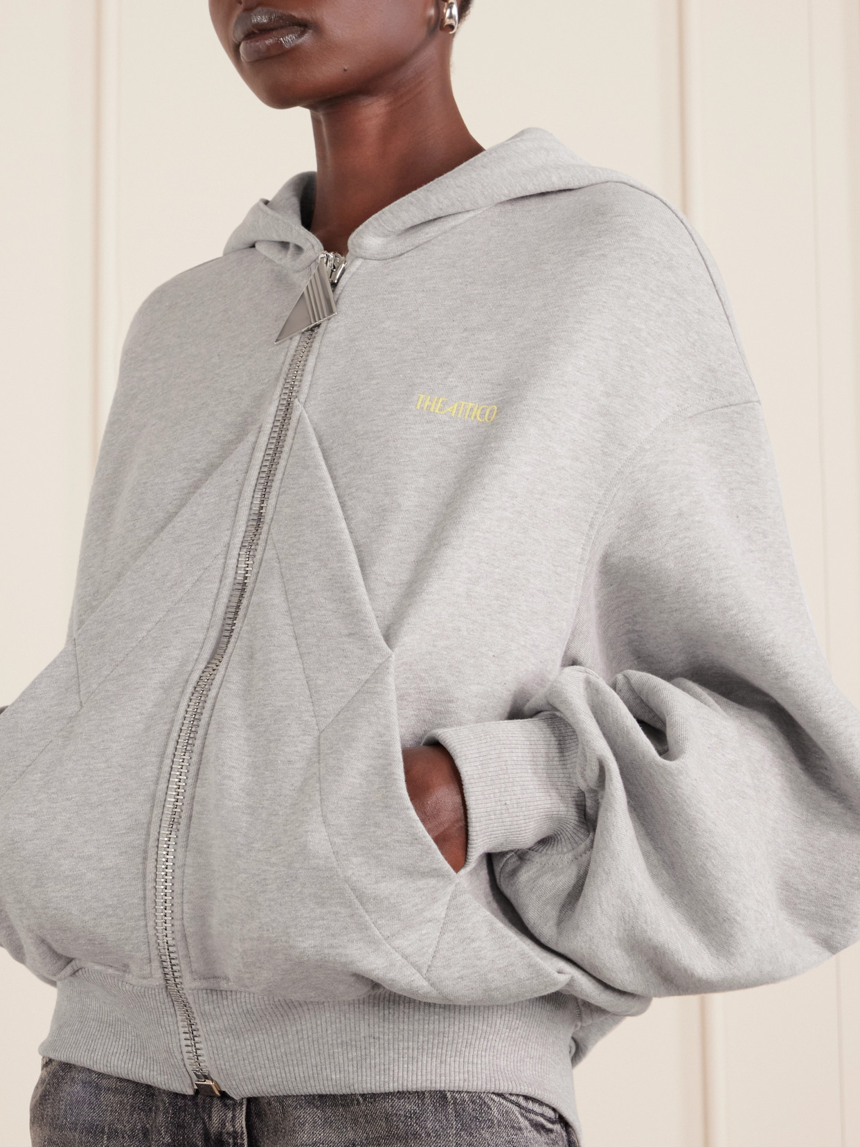 Attico Embroidered Cotton-blend Jersey Zip-up Hoodie In Gray