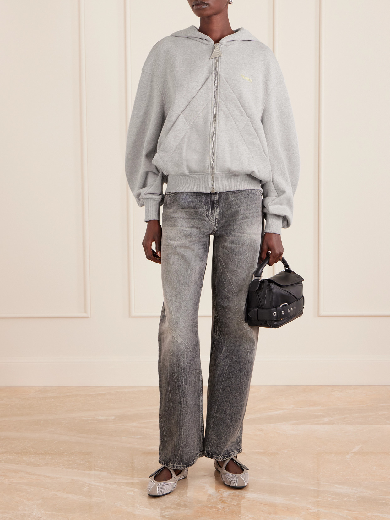 Attico Embroidered Cotton-blend Jersey Zip-up Hoodie In Gray