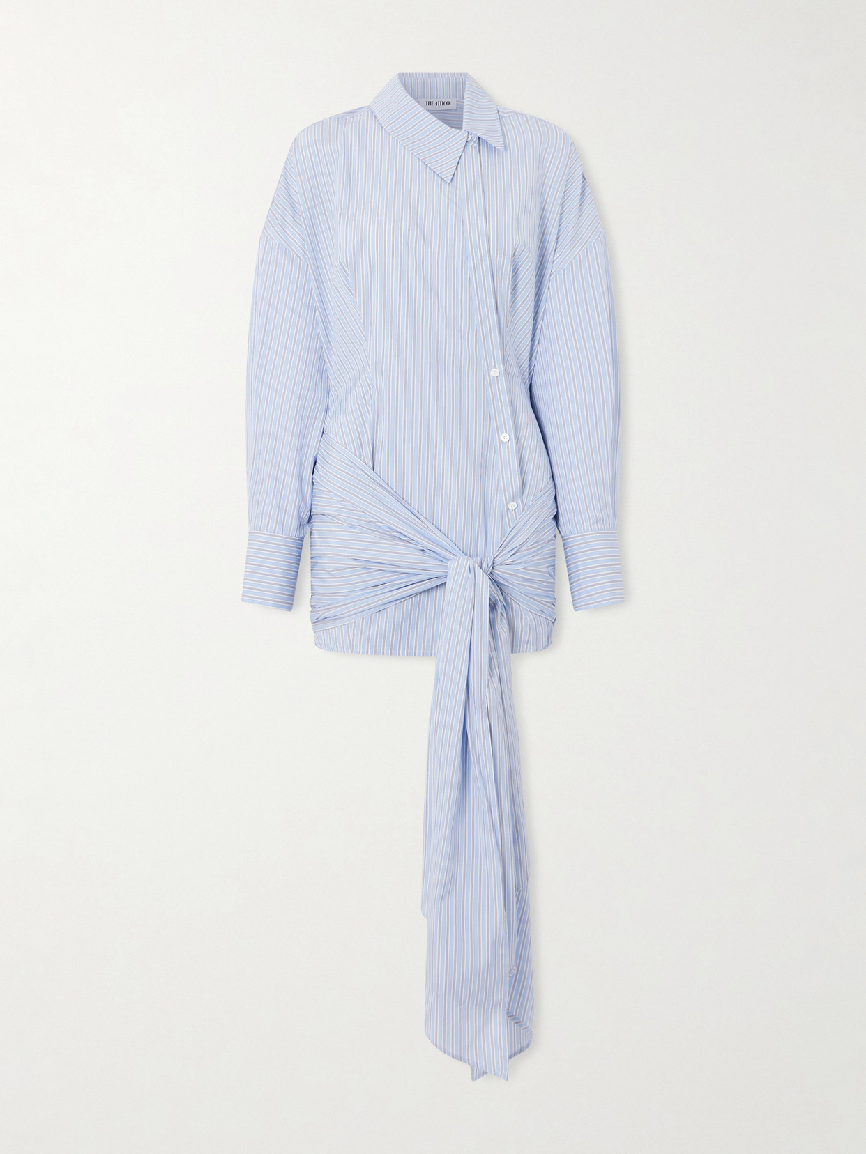 Attico Knotted Striped Cotton-poplin Mini Dress In Blue