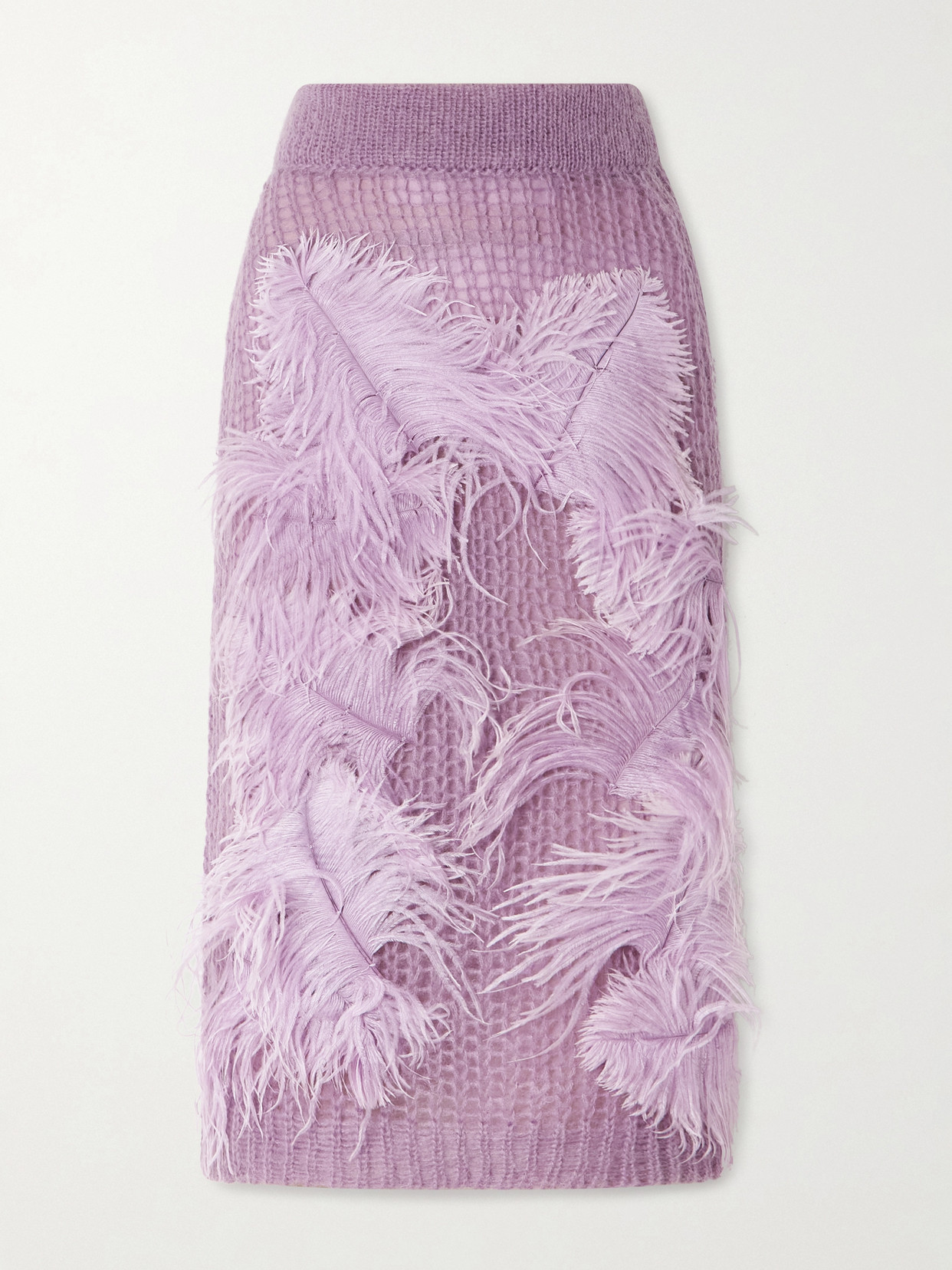 Feather-Trimmed Crochet-Knit Midi