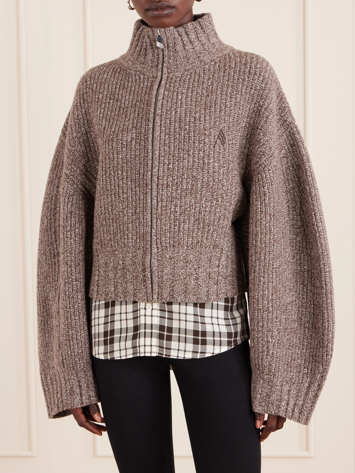 Attico Ribbed Wool And Cashmere-blend Zip-up Cardigan In Brown