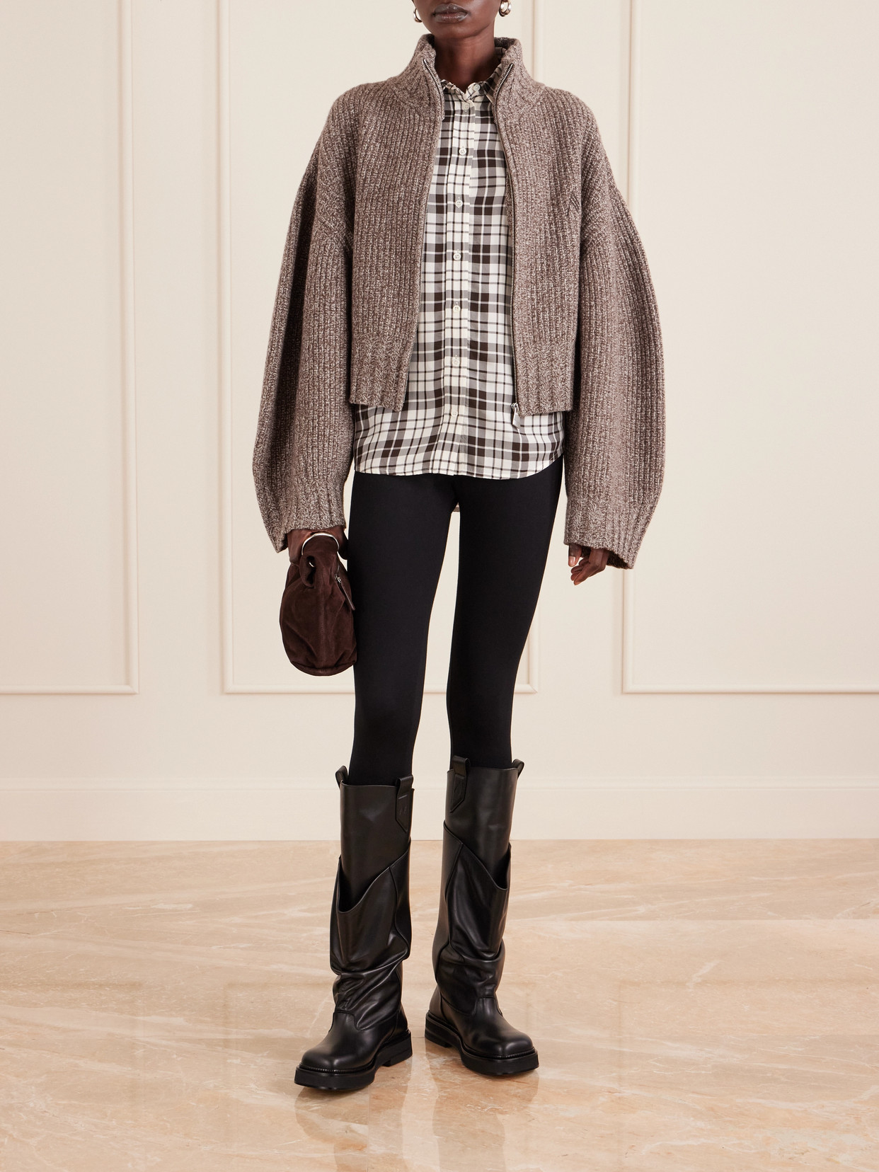 Attico Ribbed Wool And Cashmere-blend Zip-up Cardigan In Brown