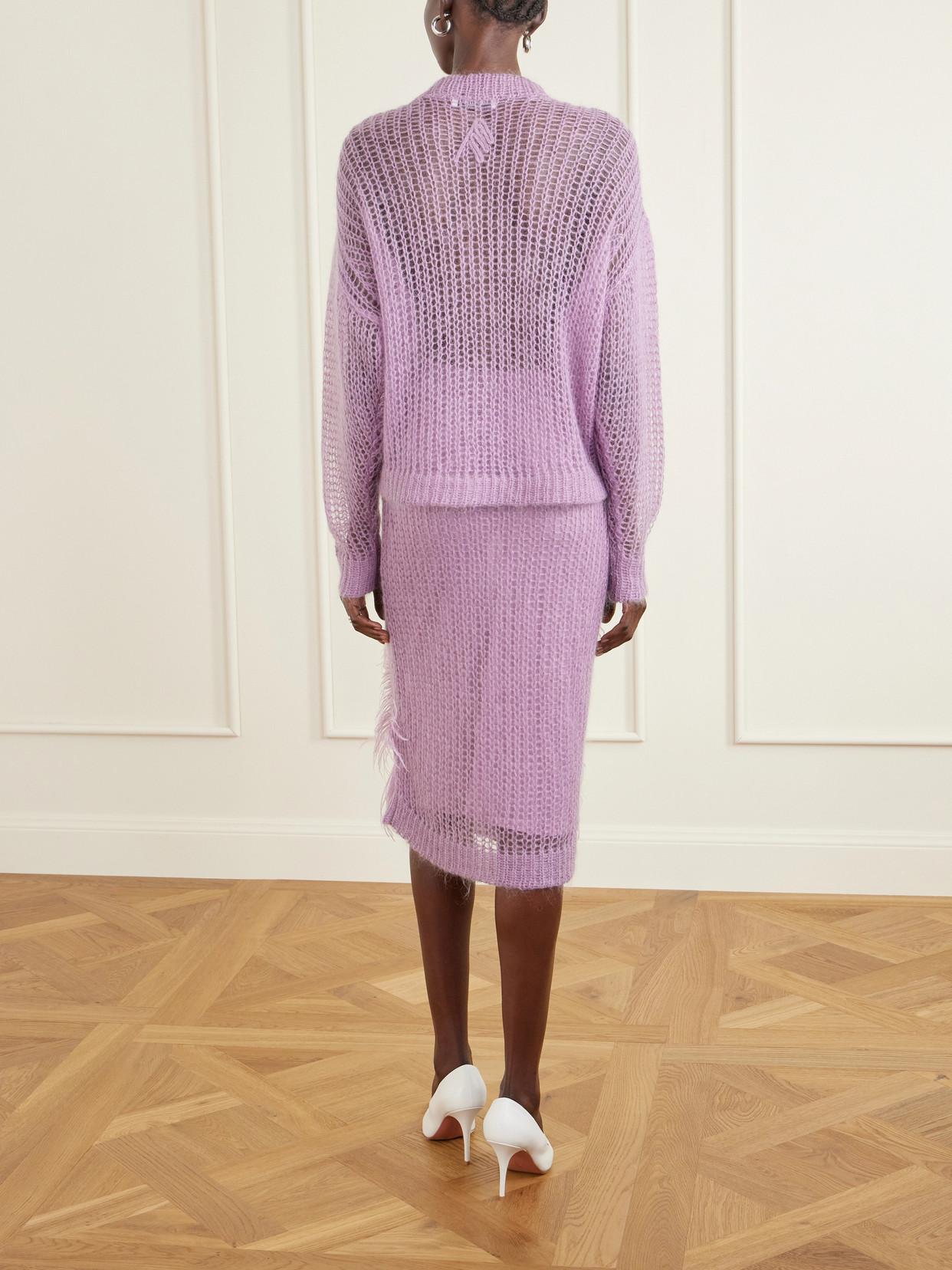 Attico Feather-trimmed Crochet-knit Mohair-blend Sweater In Purple