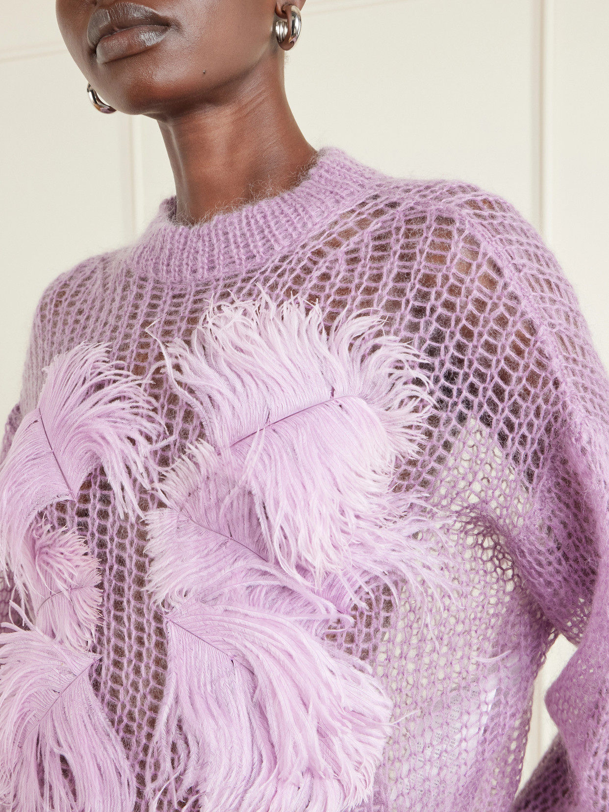 Attico Feather-trimmed Crochet-knit Mohair-blend Sweater In Purple