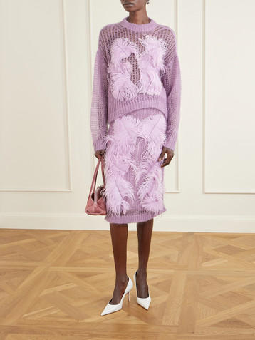 THE ATTICO Feather-trimmed crochet-knit mohair-blend sweater