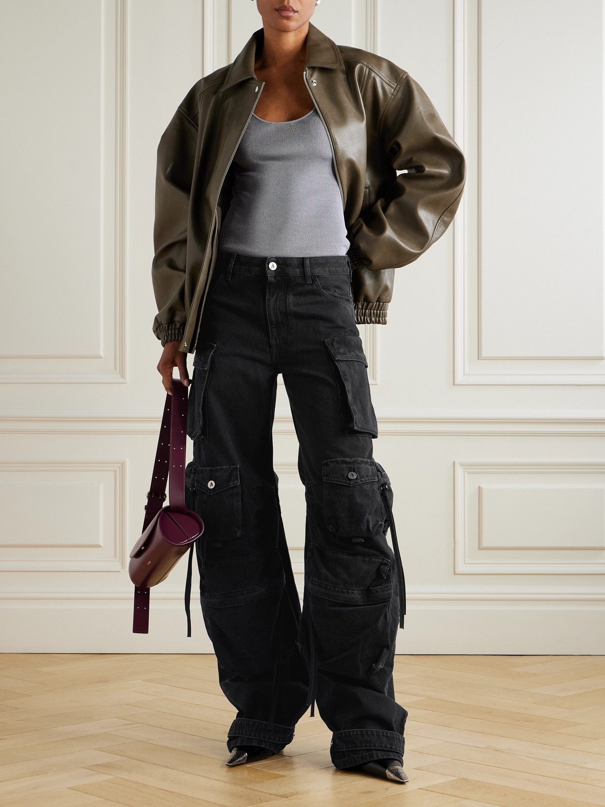 Attico Fern Crystal Cargo Denim Pants In Black