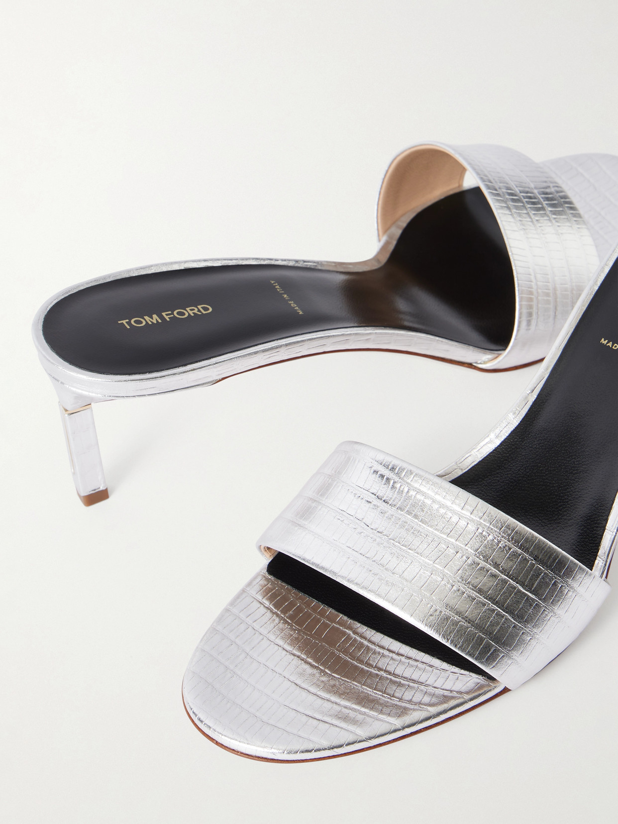 Tom Ford Lizard-effect Metallic Leather Mules In Silver