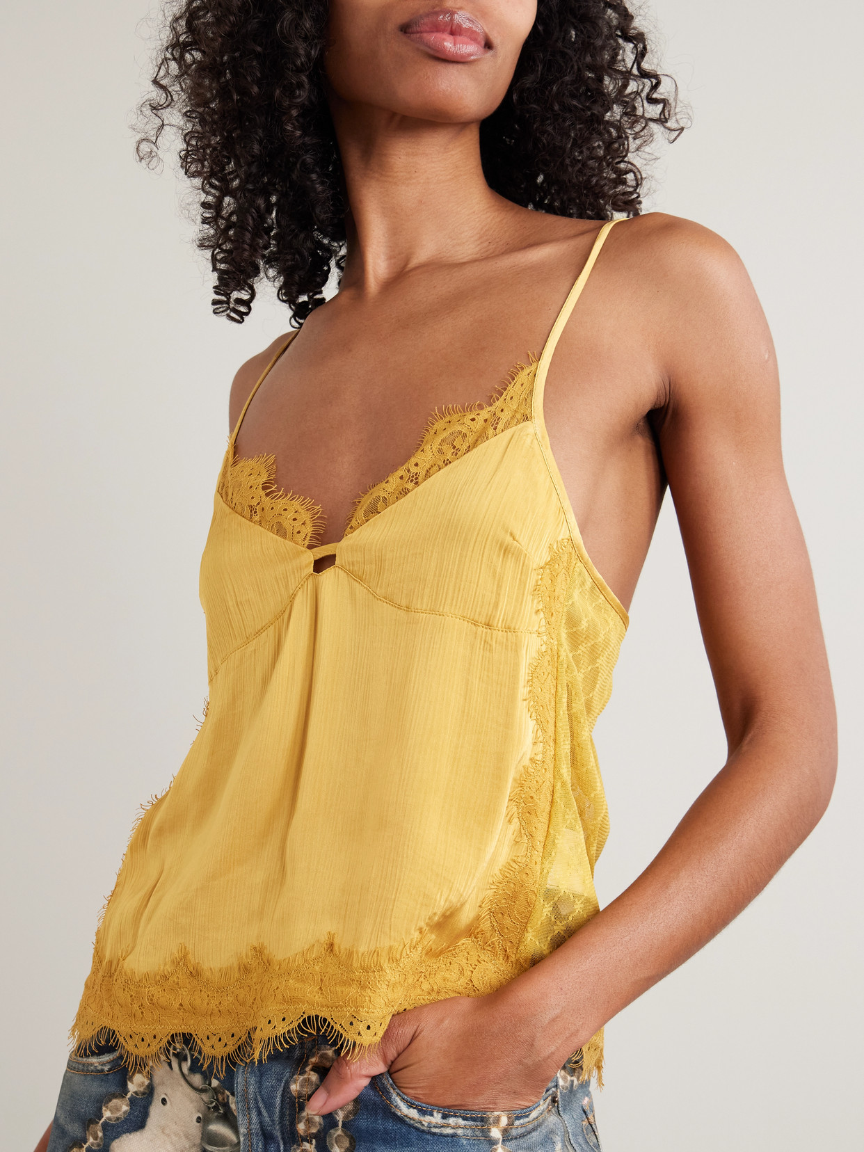 Tie-Detailed Lace And Crepon Camisole