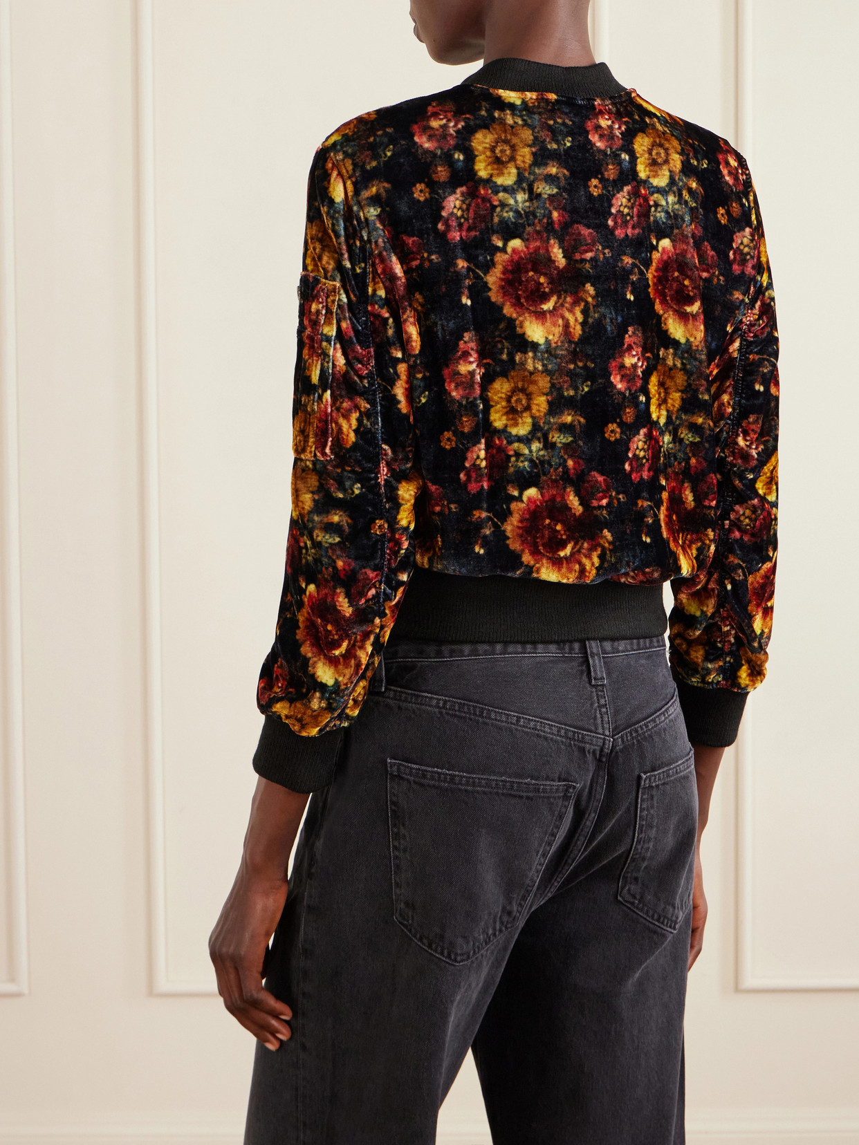 Floral-Print Velvet Bomber Jacket