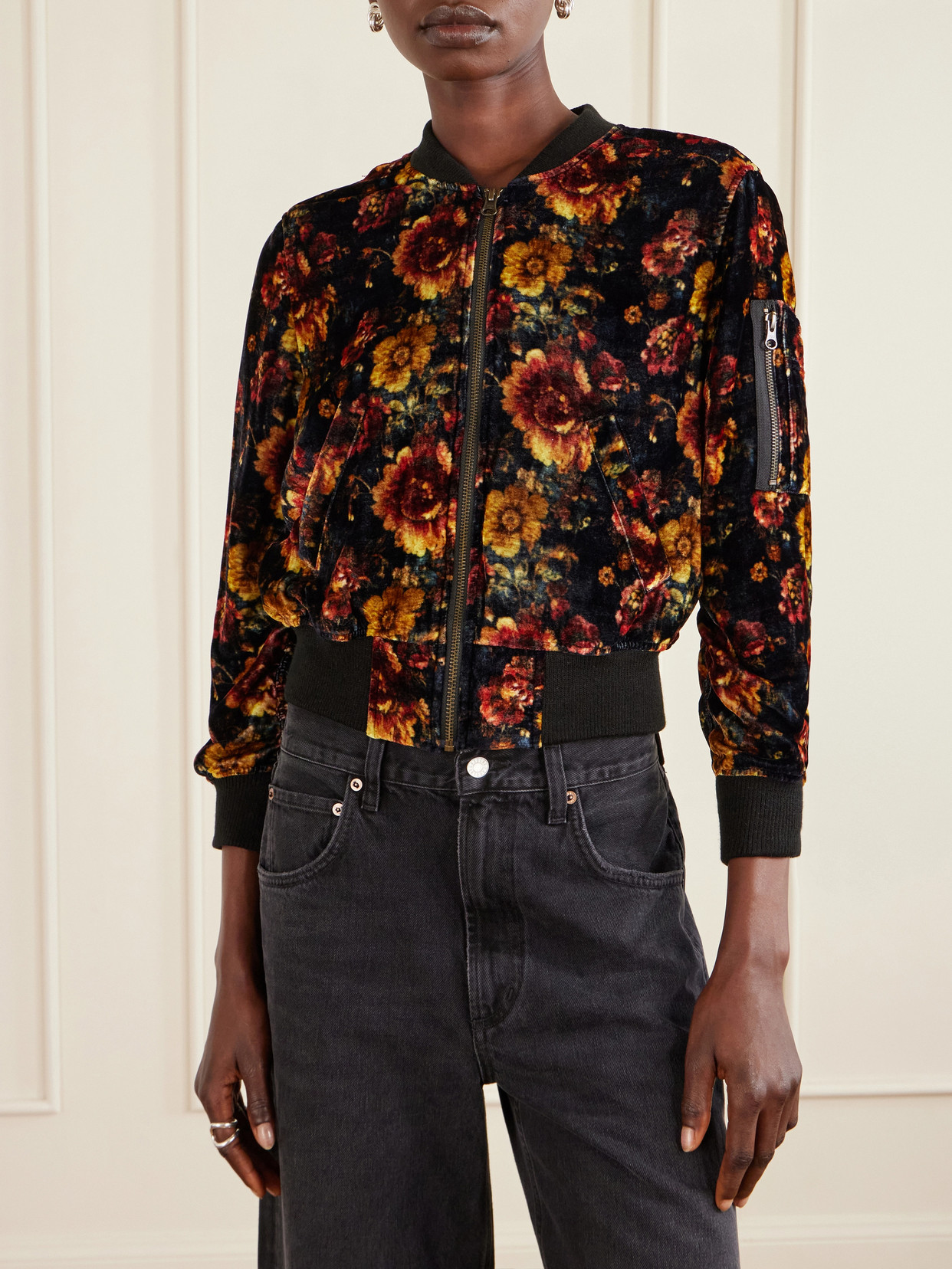 Floral-Print Velvet Bomber Jacket