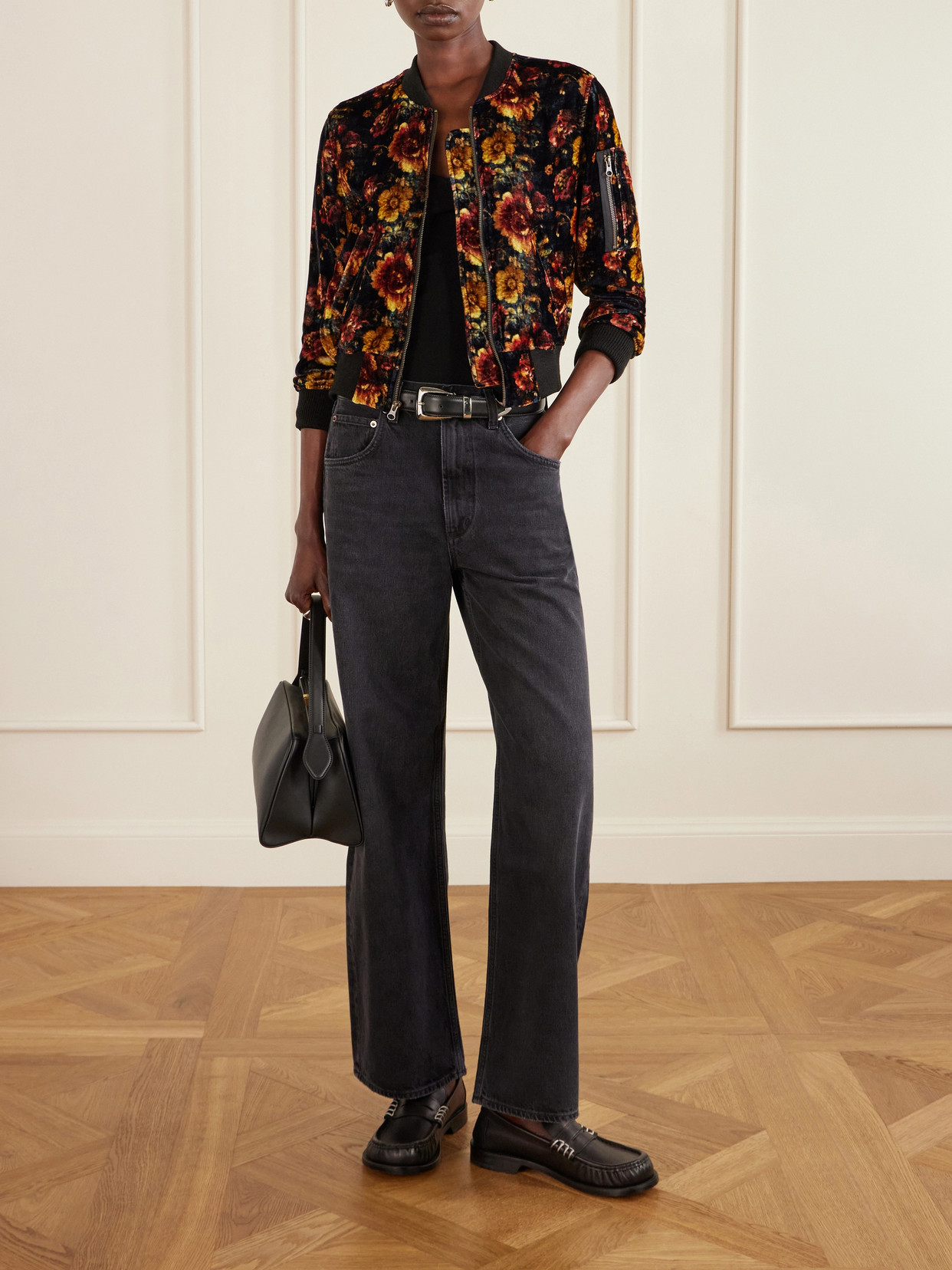 Floral-Print Velvet Bomber Jacket