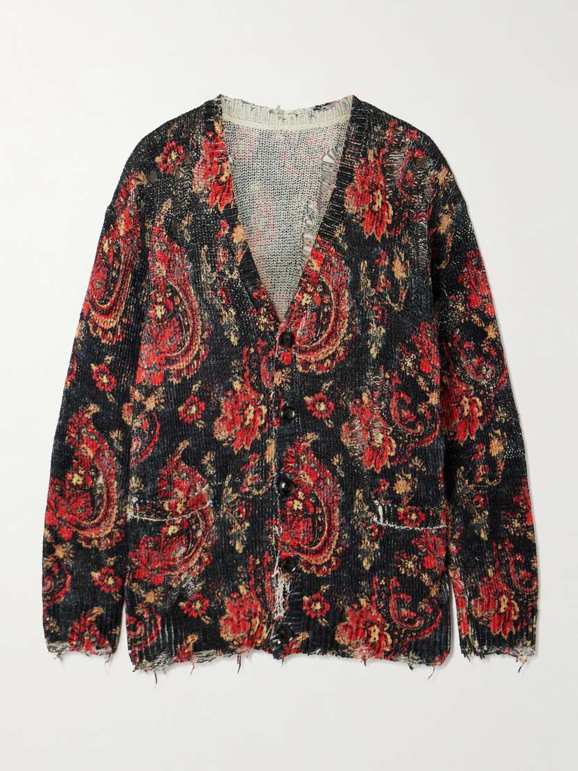 R13 Boyfriend Distressed Printed Cotton Cardigan