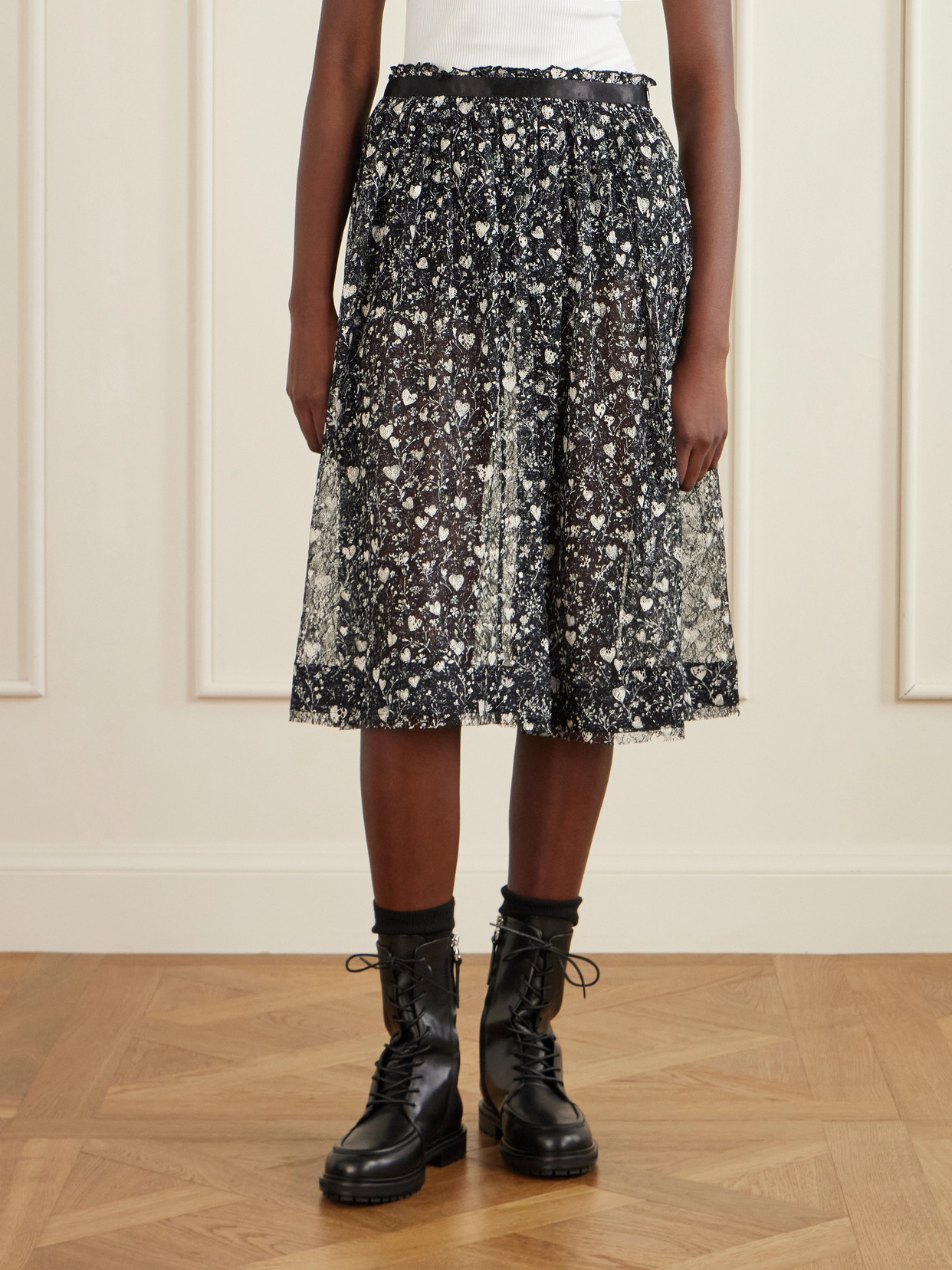 Satin-Trimmed Printed Lace Midi