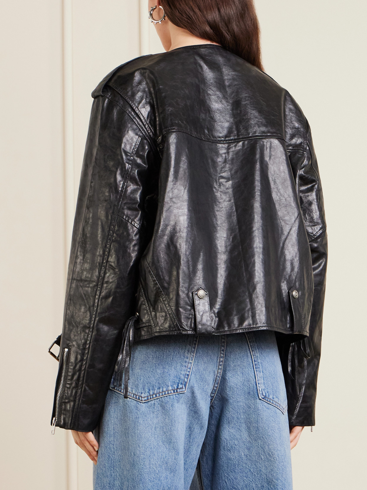 Belted Embellished Leather Biker Jacket