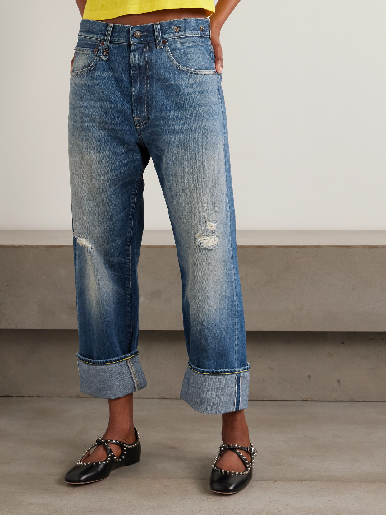 Cuffed X-Boyfriend Distressed Mid-Rise Wide- Leg