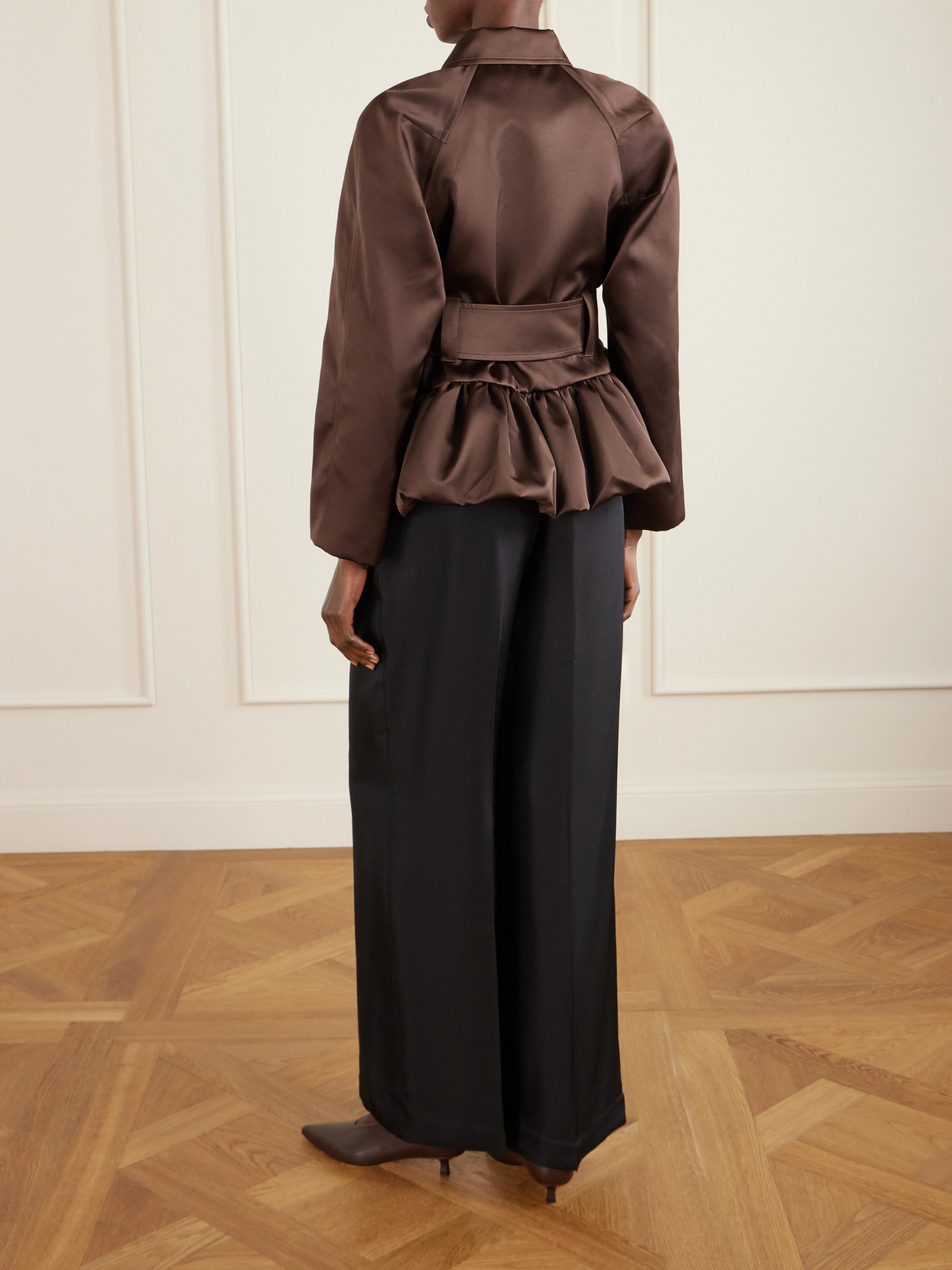 Belted Cotton-Blend Satin Peplum Jacket