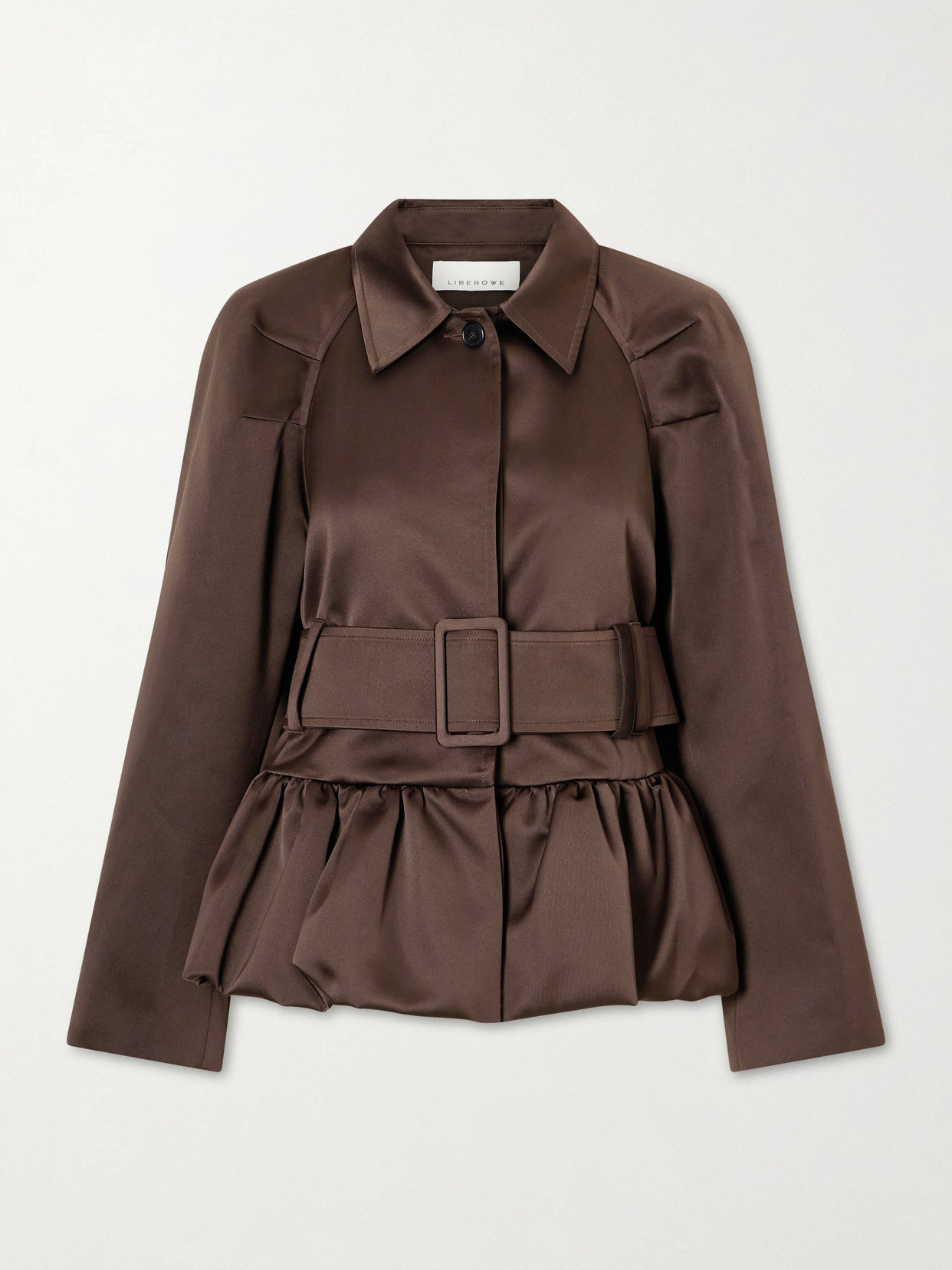 Liberowe Belted Cotton-blend Satin Peplum Jacket In Brown