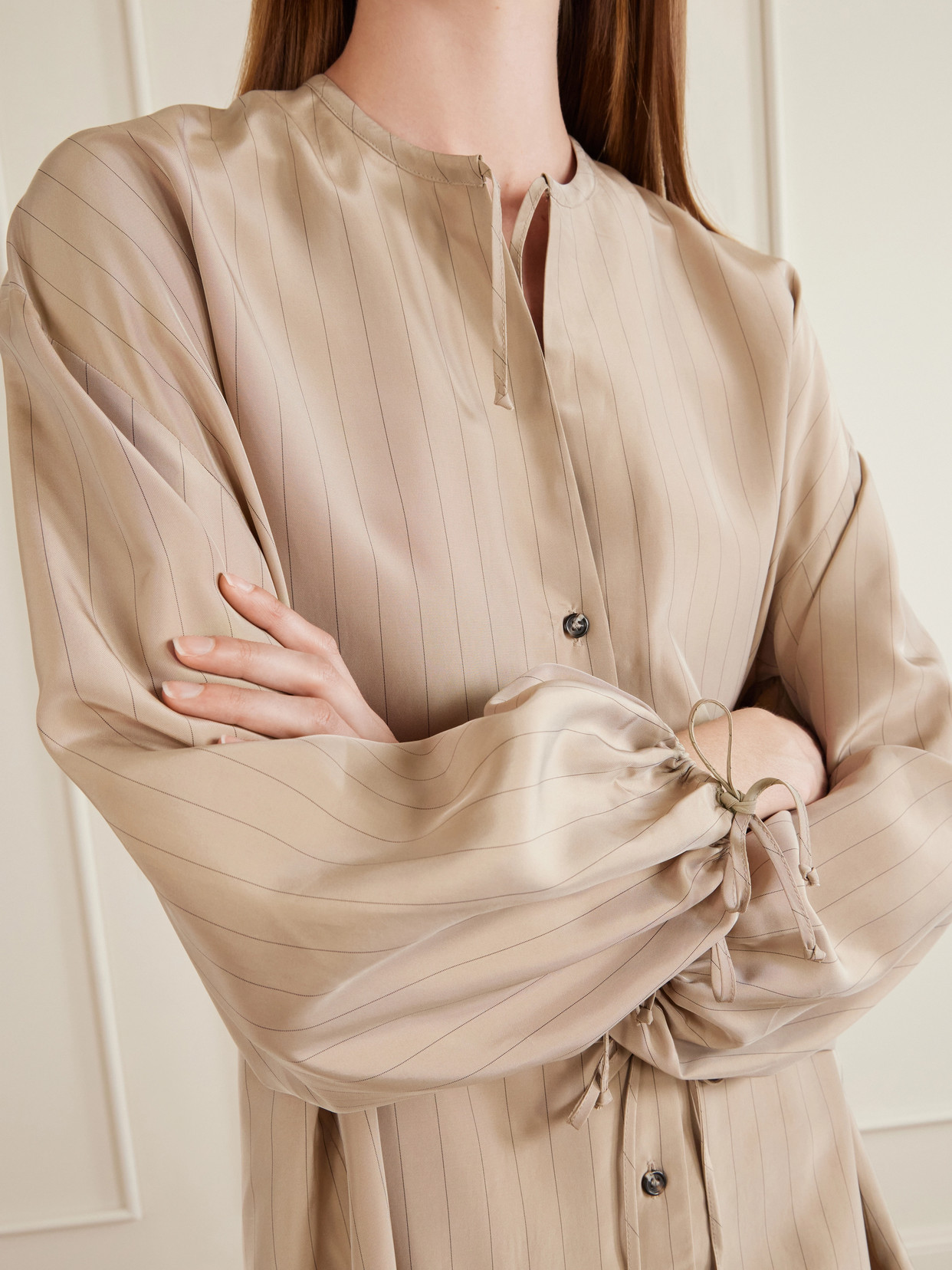 Ellis Tie-Detailed Wrap-Effect Pinstriped Shirt
