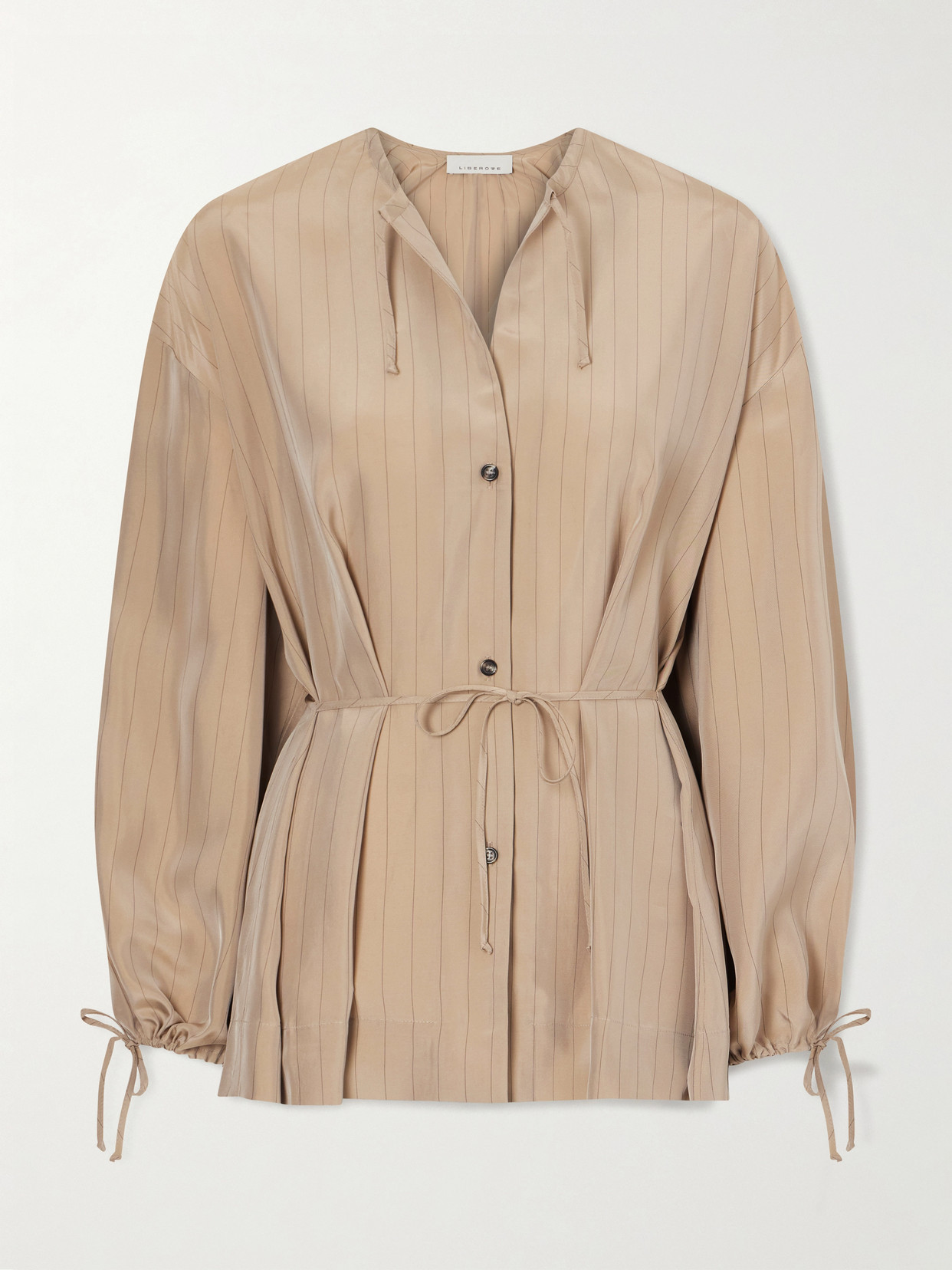 Liberowe Ellis Tie-detailed Wrap-effect Pinstriped Satin Shirt In Neutral
