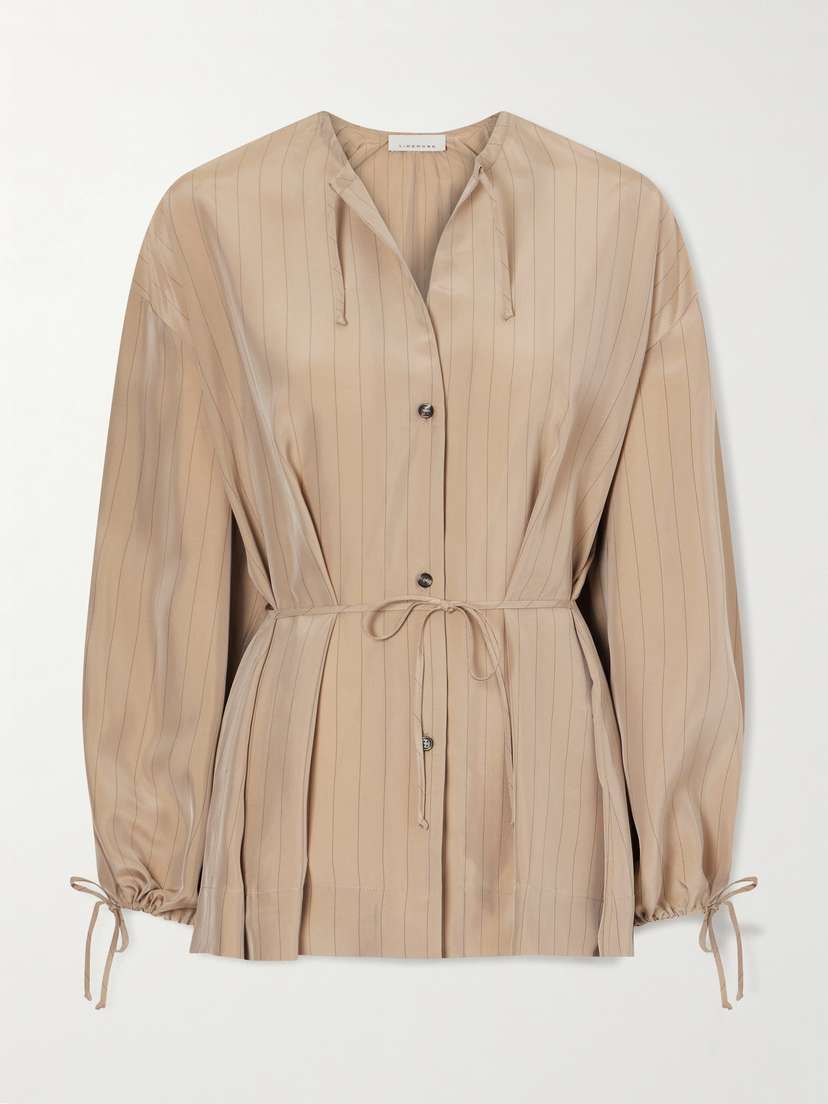 LIBEROWE Ellis Tie-detailed Wrap-effect Pinstriped Satin Shirt