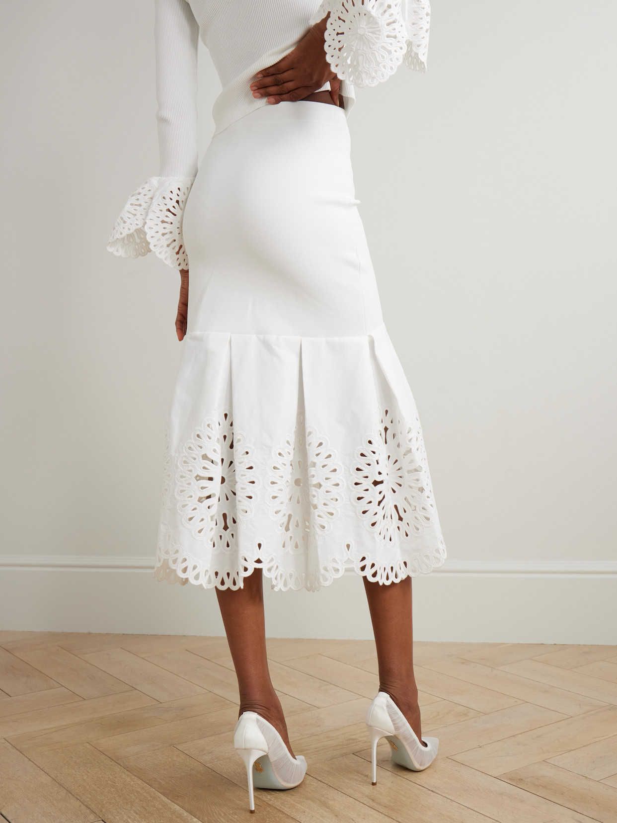 Simkhai Cotton-blend Guipure Lace And Knitted Midi Skirt In White