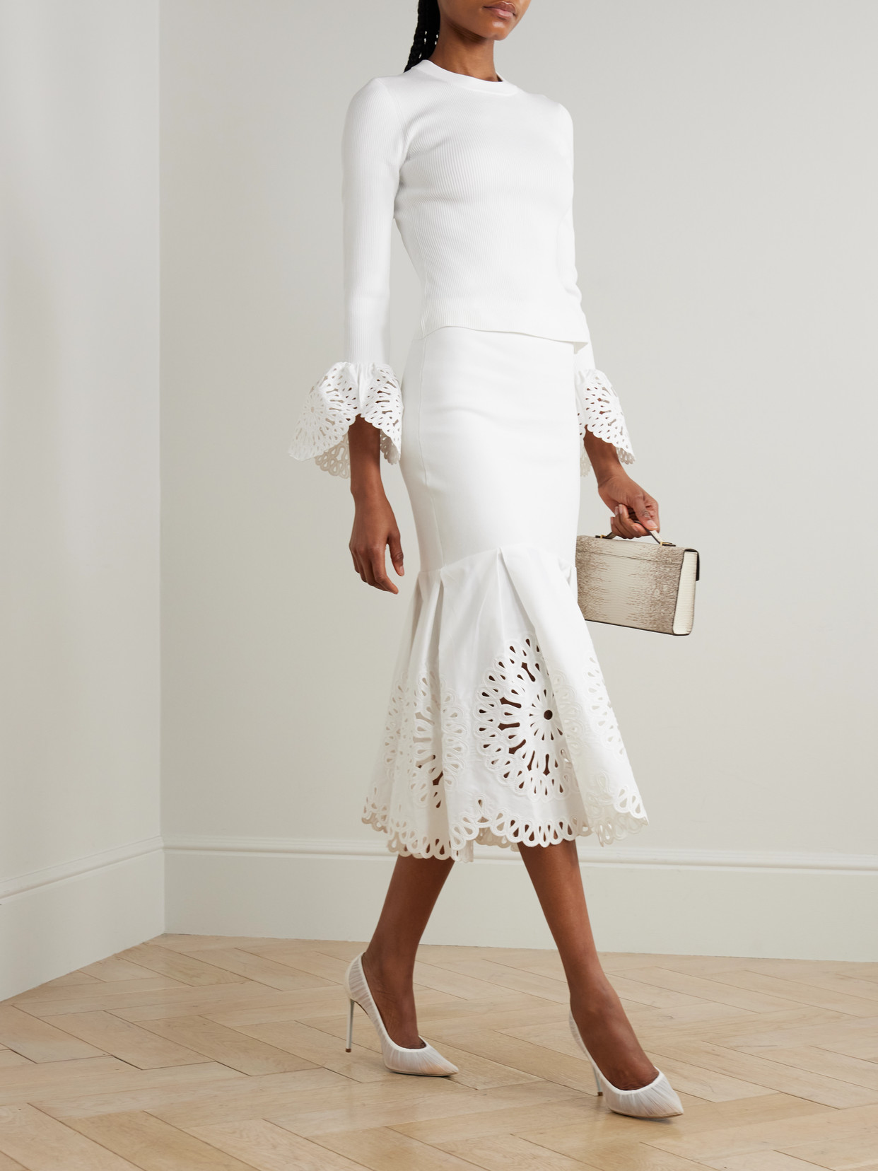 Simkhai Cotton-blend Guipure Lace And Knitted Midi Skirt In White