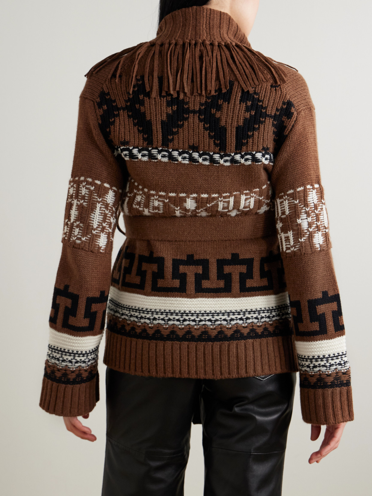 Simkhai Elwood Belted Fringed Intarsia Wool And Cashmere-blend Cardigan In Brown