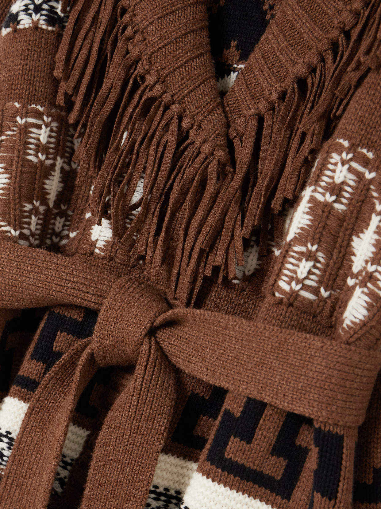 Simkhai Elwood Belted Fringed Intarsia Wool And Cashmere-blend Cardigan In Brown