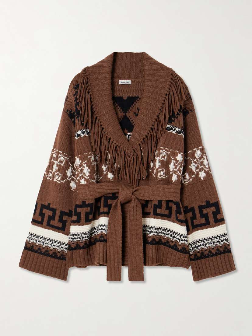 Simkhai Elwood Belted Fringed Intarsia Wool And Cashmere-blend Cardigan