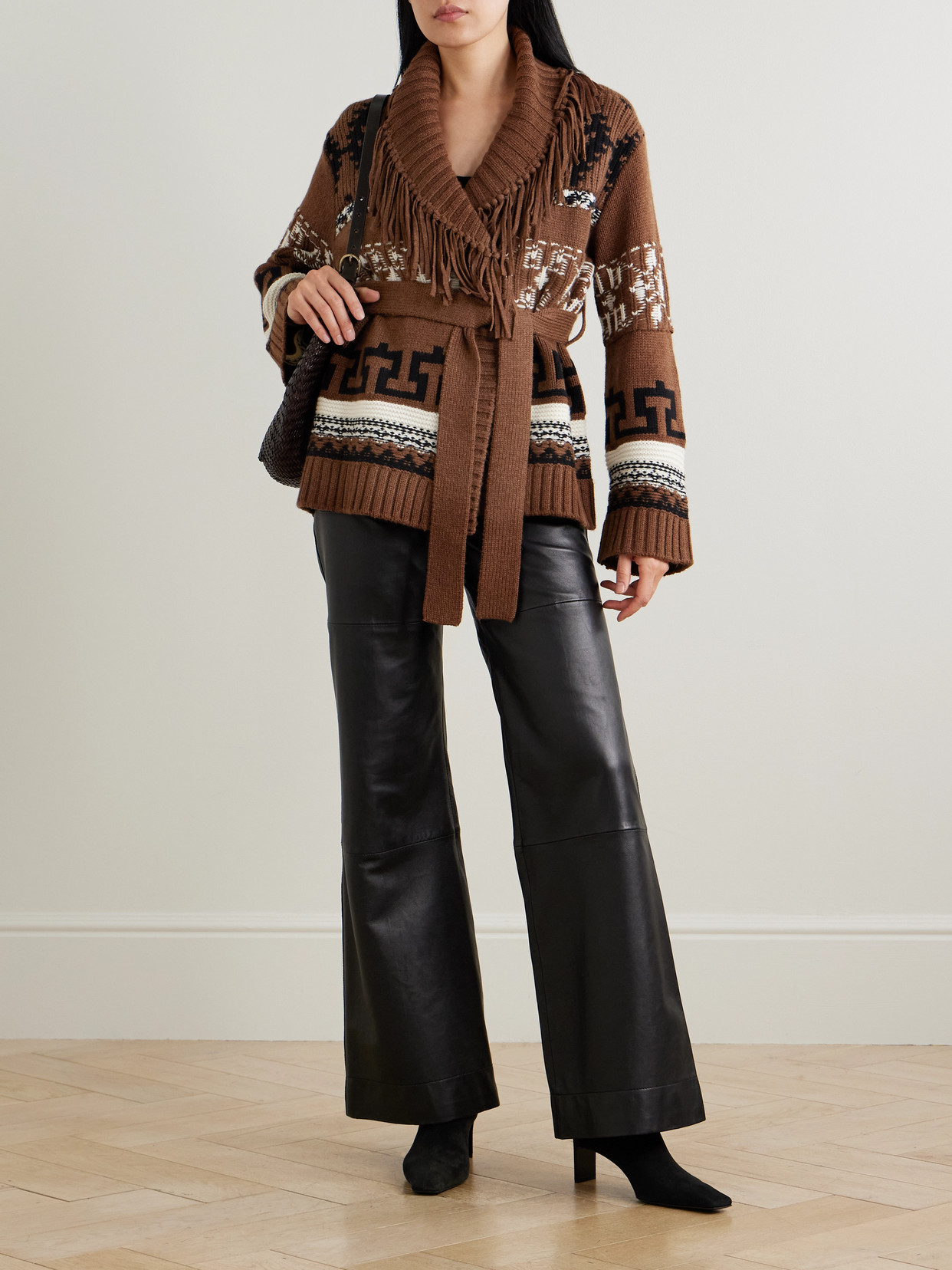 Simkhai Elwood Belted Fringed Intarsia Wool And Cashmere-blend Cardigan In Brown