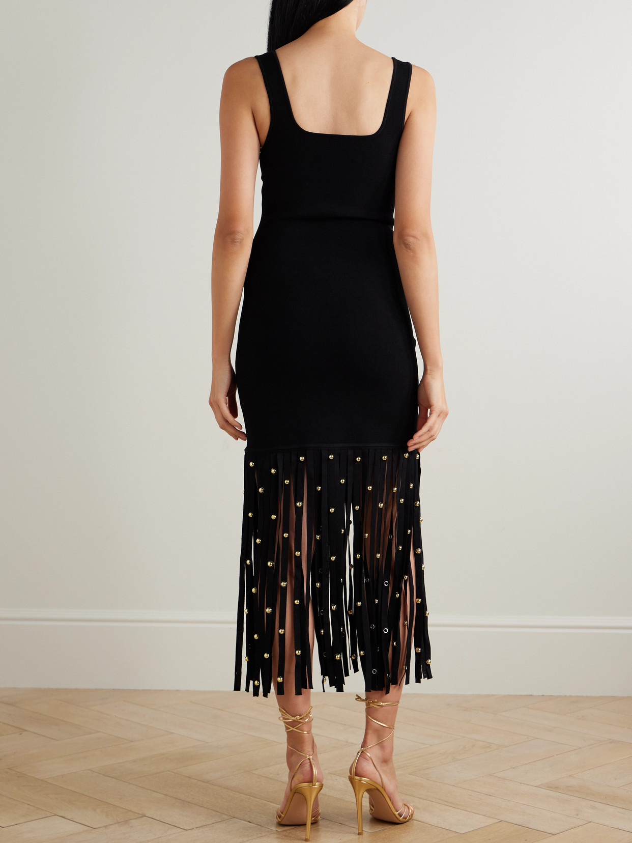 Simkhai Romelia Embellished Fringed Stretch-knit Midi Dress In Black